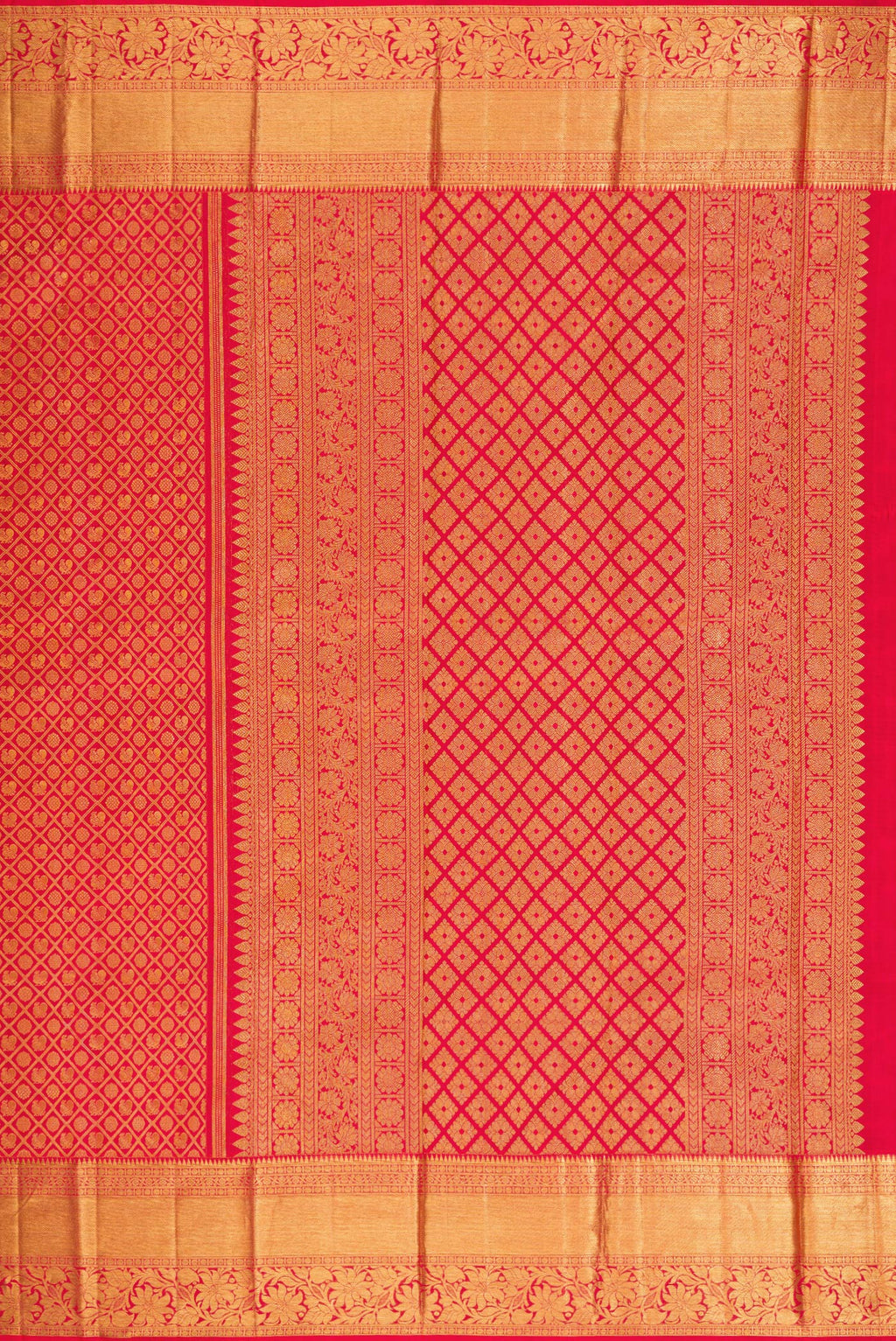 Close up image of the pallu of Red Kanchipuram Silk Saree with Zari Brocade on the body and Fancy Border. 