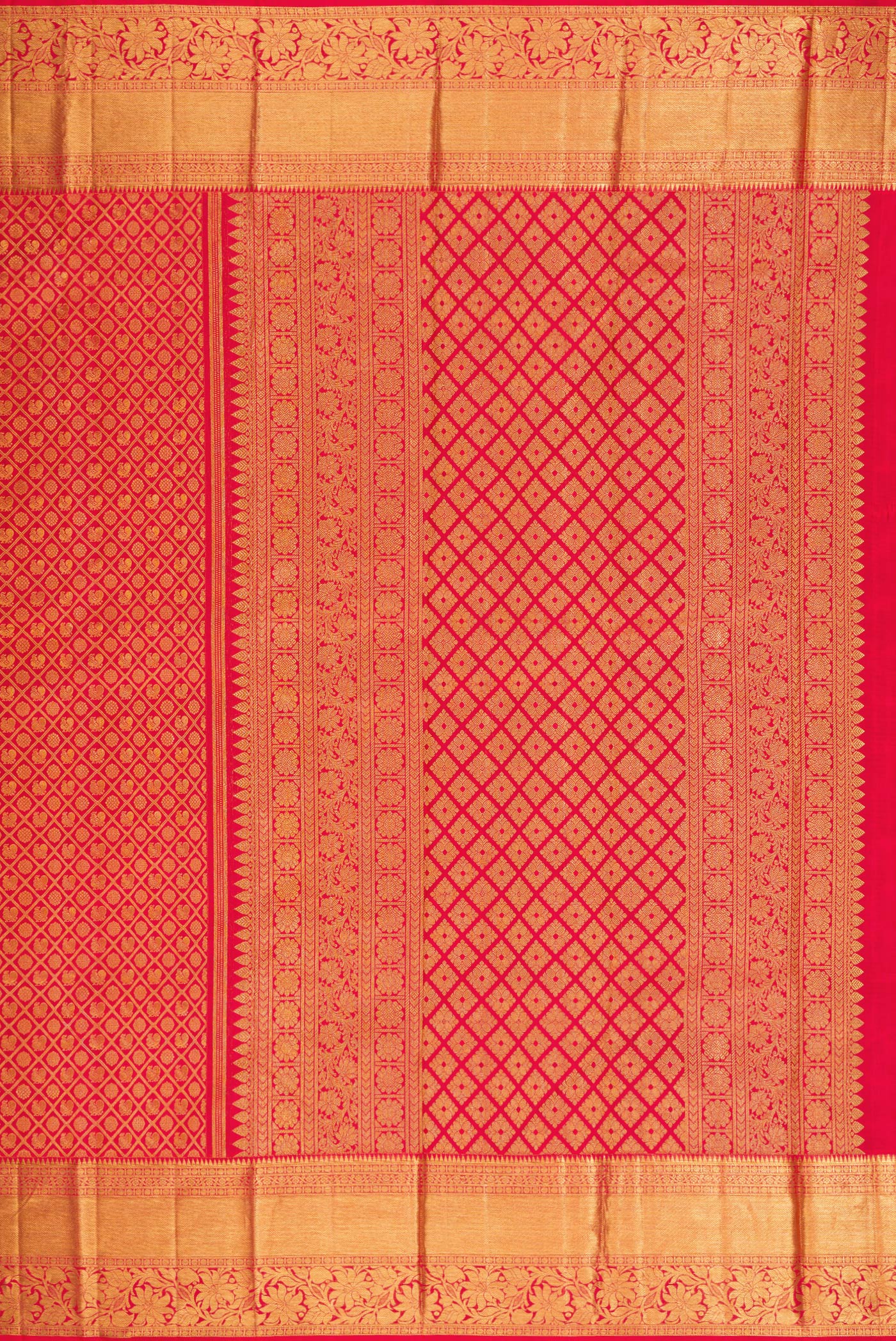 Close up image of the pallu of Red Kanchipuram Silk Saree with Zari Brocade on the body and Fancy Border. 