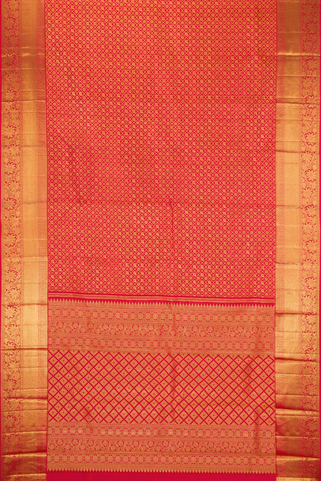 Flat view of Red Kanchipuram Silk Saree with Zari Brocade on the body and Fancy Border. 