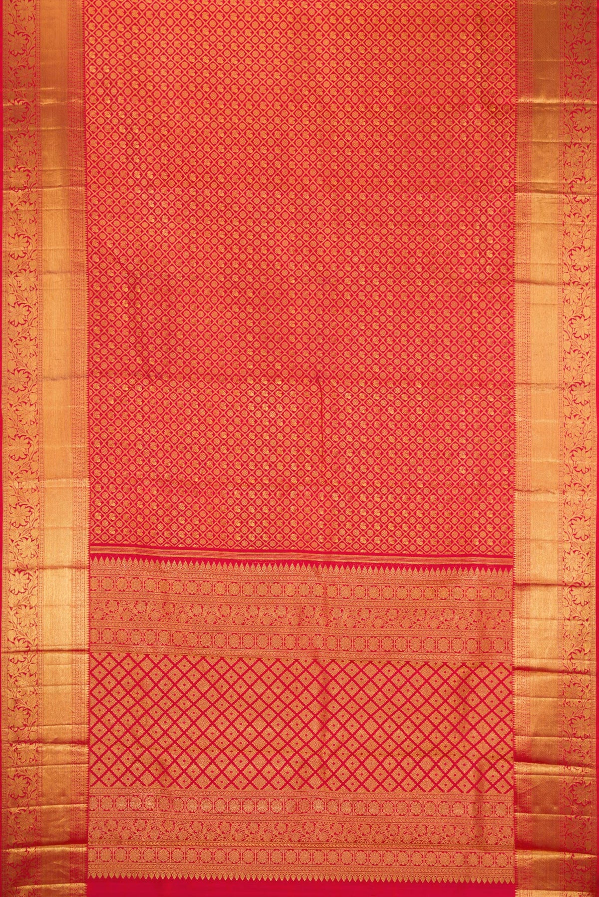 Flat view of Red Kanchipuram Silk Saree with Zari Brocade on the body and Fancy Border. 