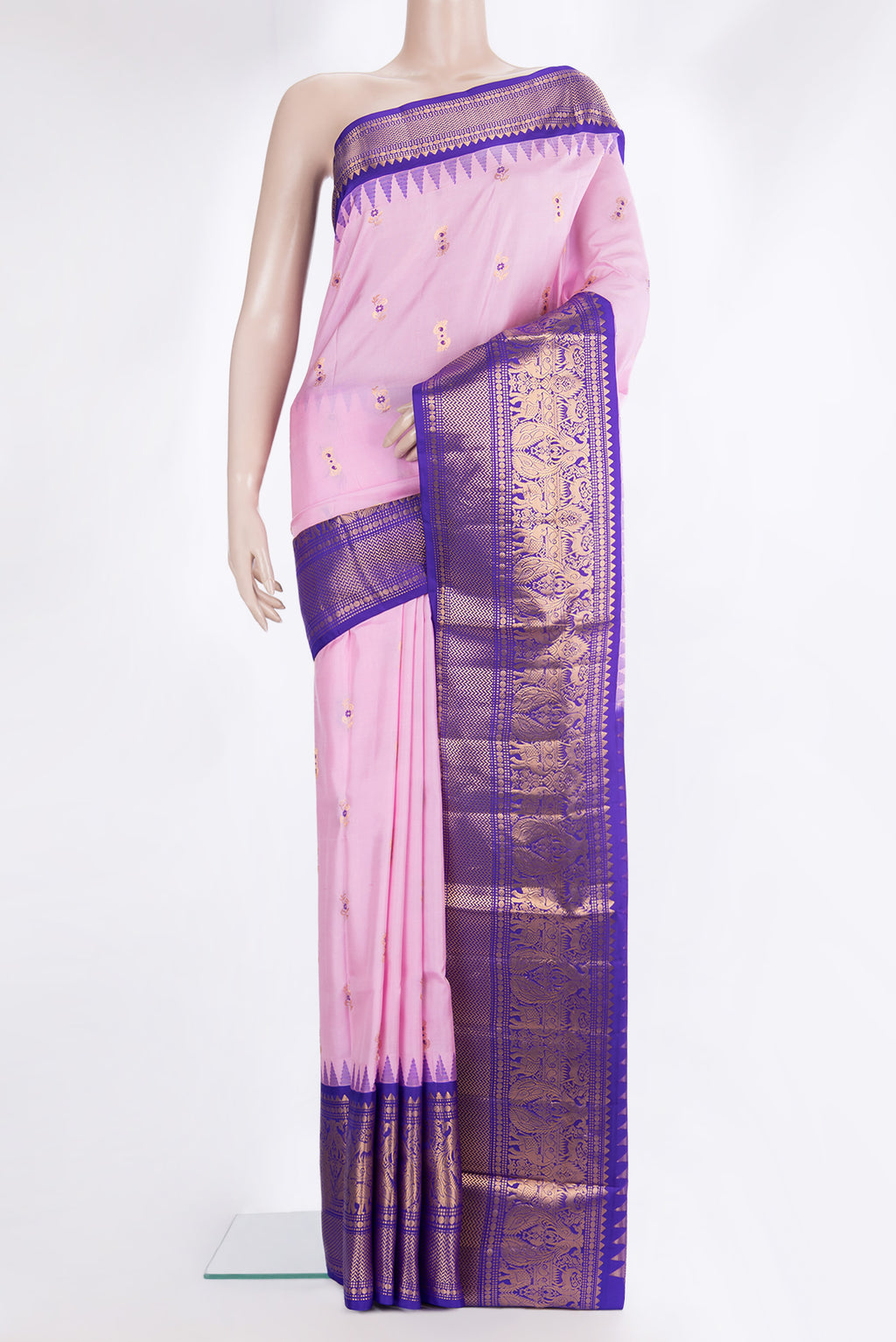 Pure Silk Rose pink Dual Tone Soft Saree with Zari And Thread Butta on the body and Fancy Border.  displayed on a mannequin