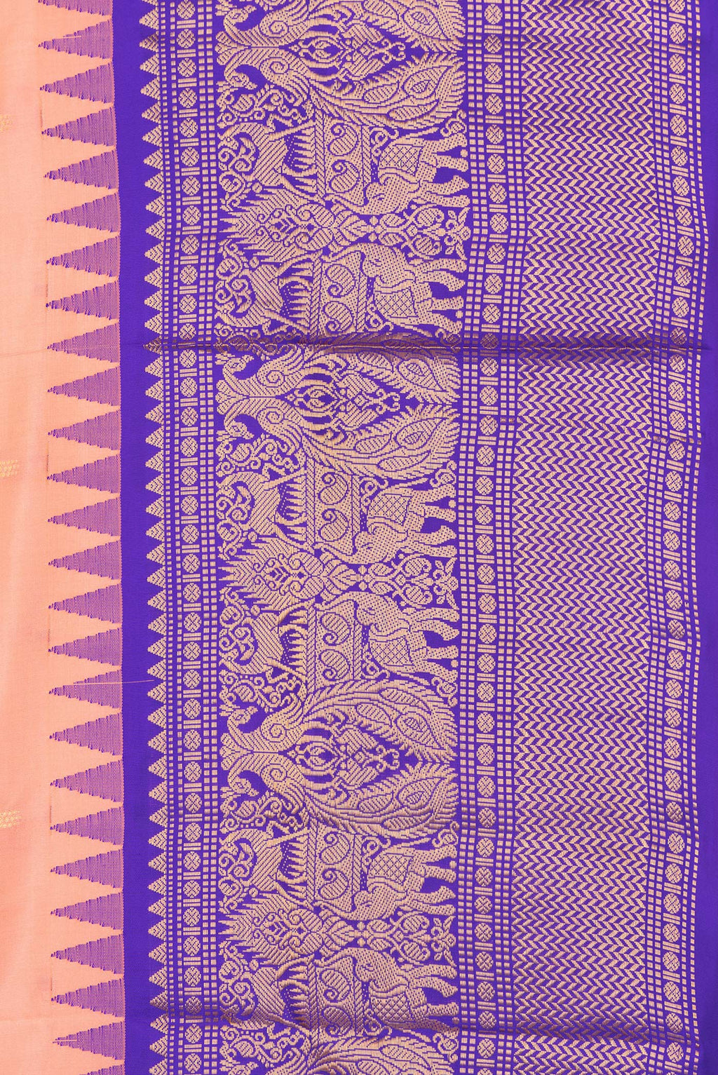 Border image of Pure Silk Peach Dual Tone Soft Saree with Zari And Thread Butta on the body and Fancy Border. 