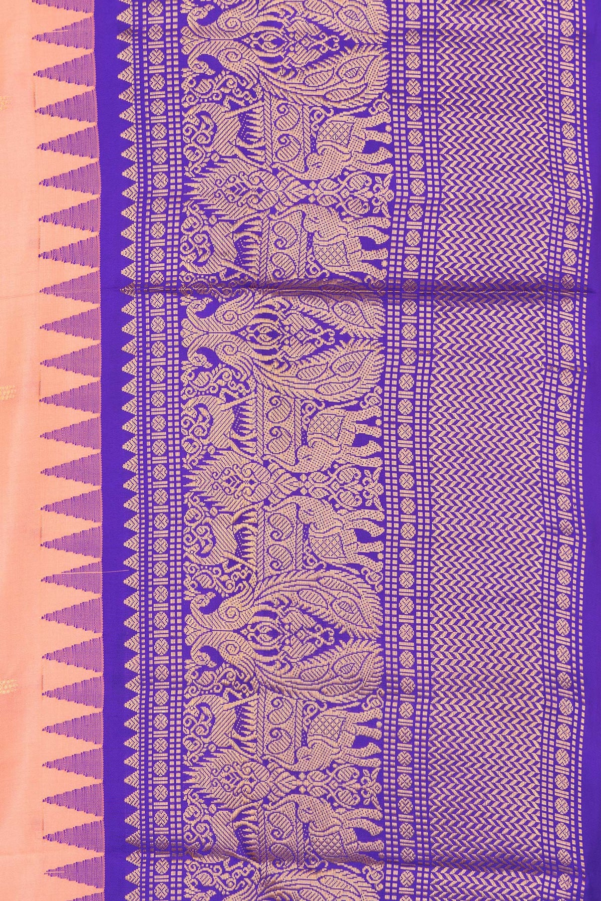 Border image of Pure Silk Peach Dual Tone Soft Saree with Zari And Thread Butta on the body and Fancy Border. 