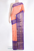 Pure Silk Peach Dual Tone Soft Saree with Zari And Thread Butta on the body and Fancy Border.  displayed on a mannequin