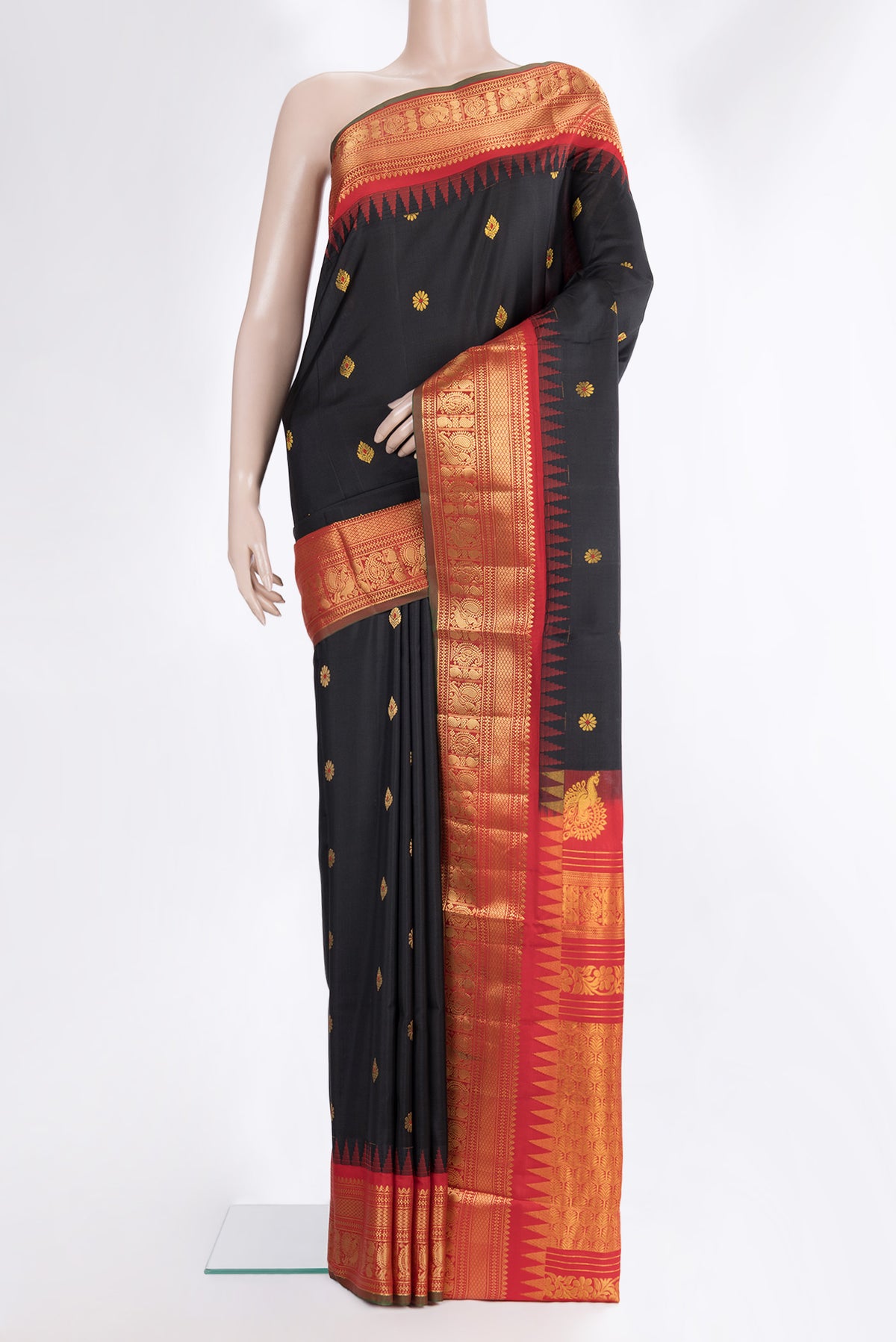 Pure Silk Black Dual Tone Soft Saree with Zari And Thread Butta on the body and Fancy Border.  displayed on a mannequin