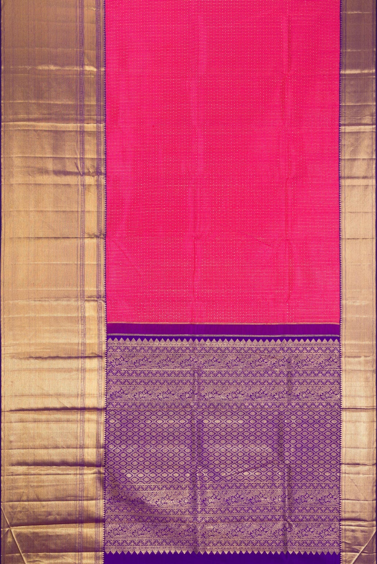 Flat view of Pink Dual Tone Kanchipuram Silk Saree with Zari Brocade on the body and Zari Border. 