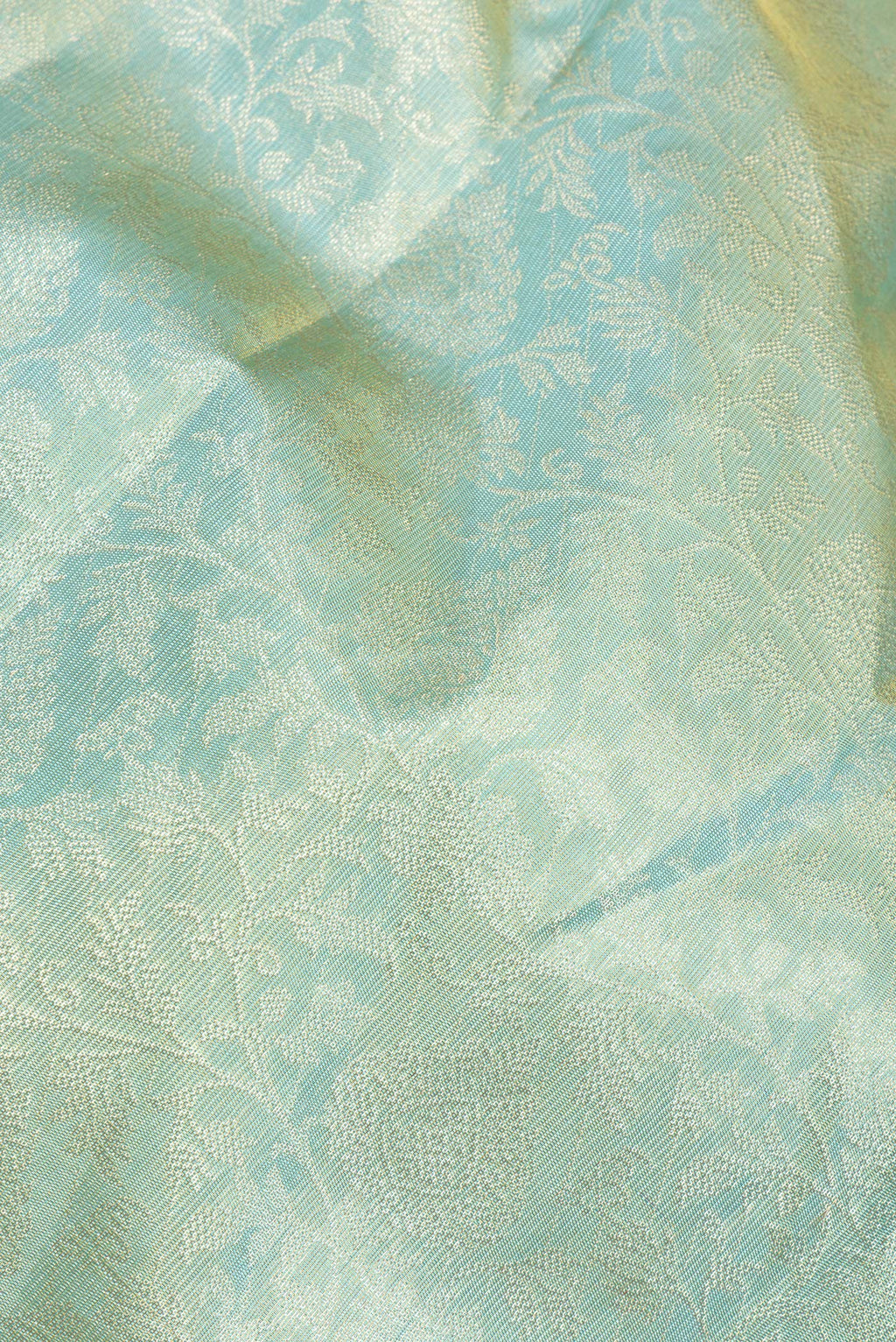 Close up of Light Green Dual Tone Kanchipuram Tissue Saree with Zari Brocade on the body and Fancy Border.  displaying folds
