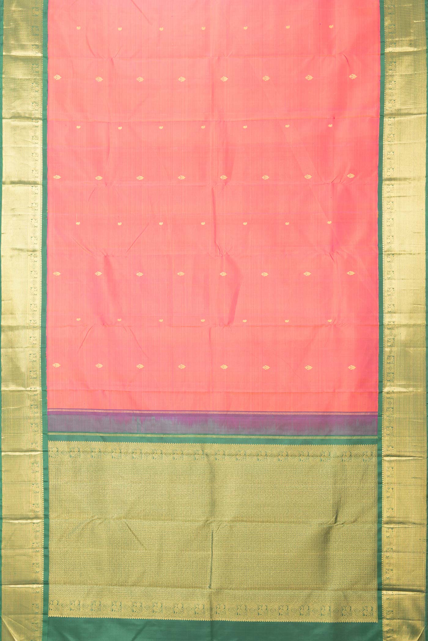 Flat view of Pink Dual Tone Kanchipuram Silk Saree with Zari Butta on the body and Zari Border