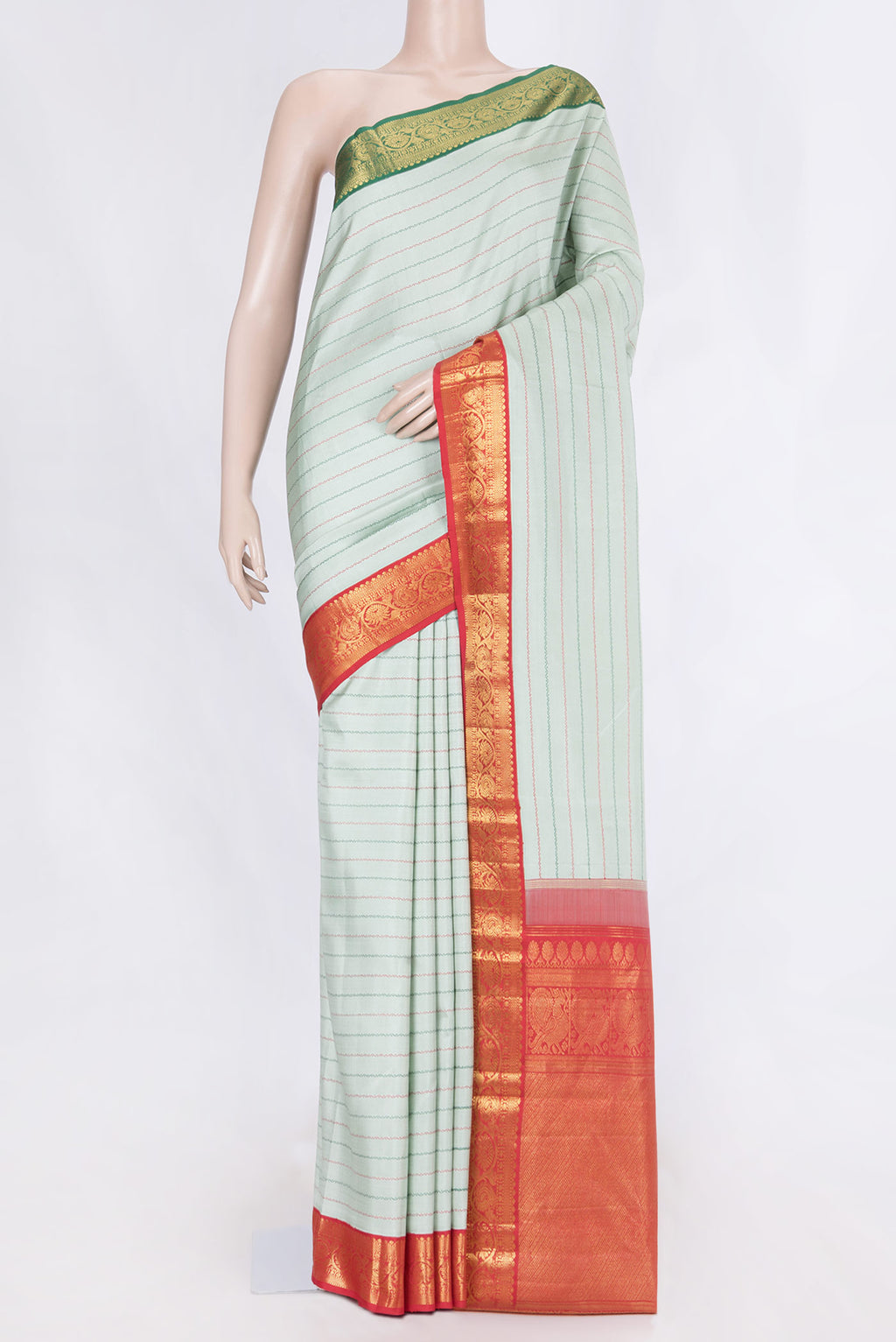 Light Blue Kanchipuram Silk Saree with Veldhari on the body and Ganga Jamuna Border displayed on a mannequin