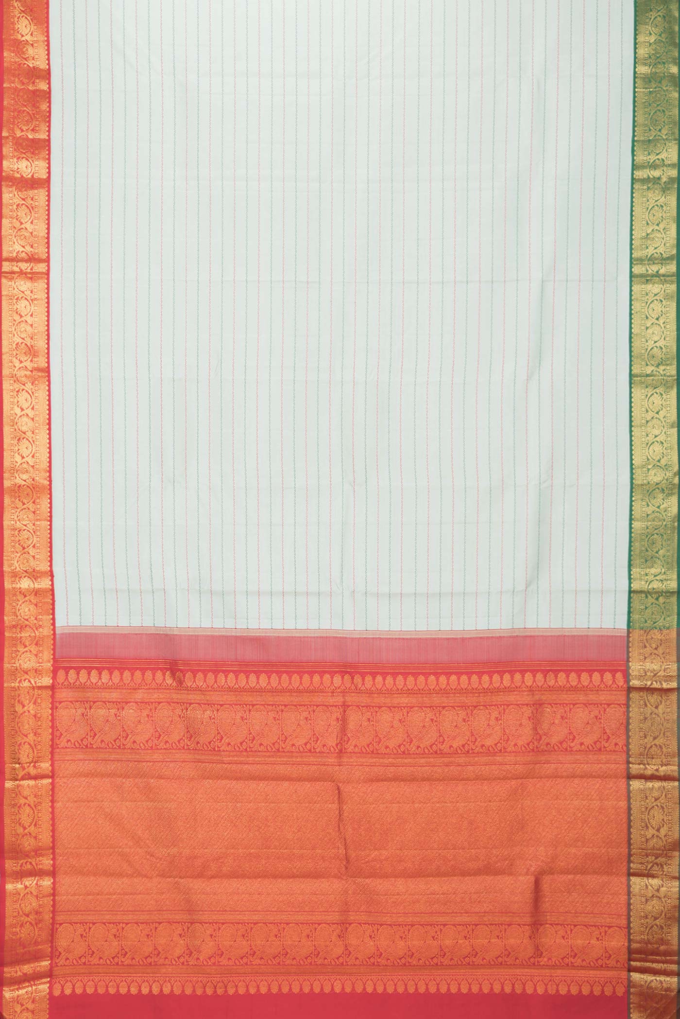 Flat view of Light Blue Kanchipuram Silk Saree with Veldhari on the body and Ganga Jamuna Border