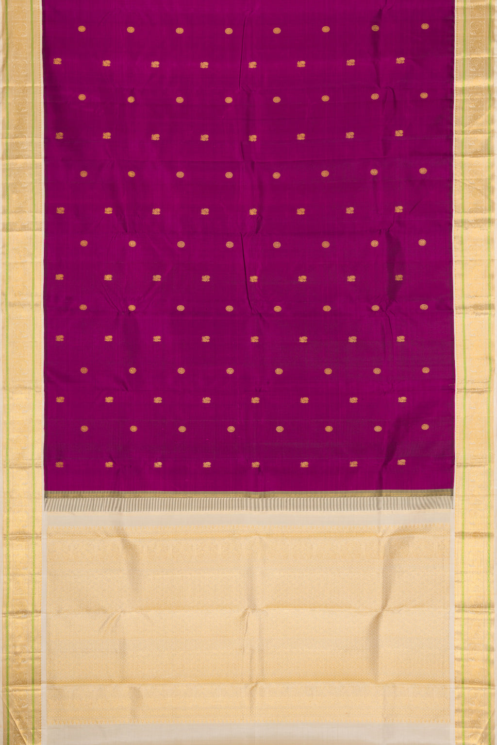 Flat view of Pure Silk Pure Zari Magenta Dual Tone Kanjivaram Saree with Zari Butta on the body and Zari Border. 