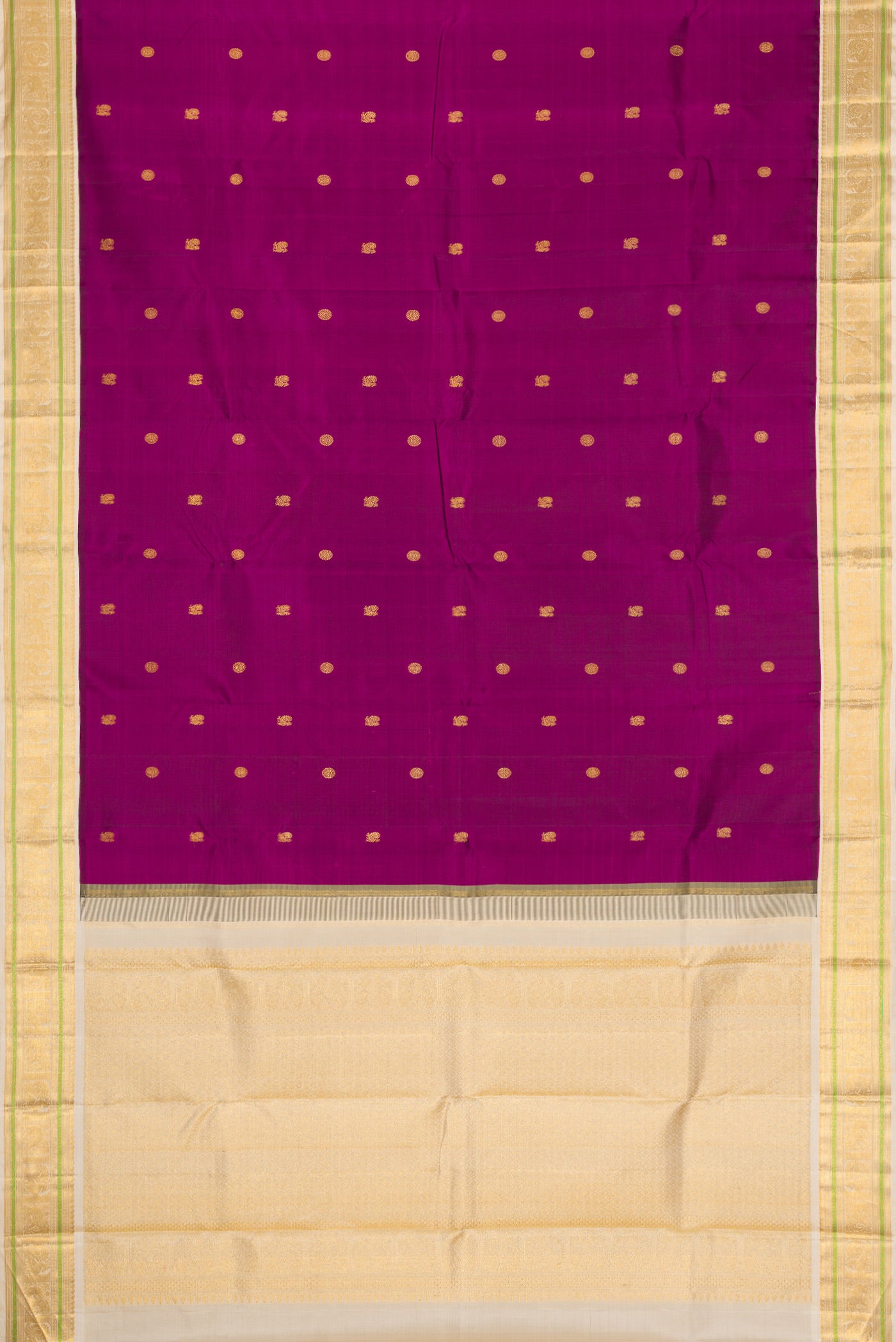Flat view of Pure Silk Pure Zari Magenta Dual Tone Kanjivaram Saree with Zari Butta on the body and Zari Border. 