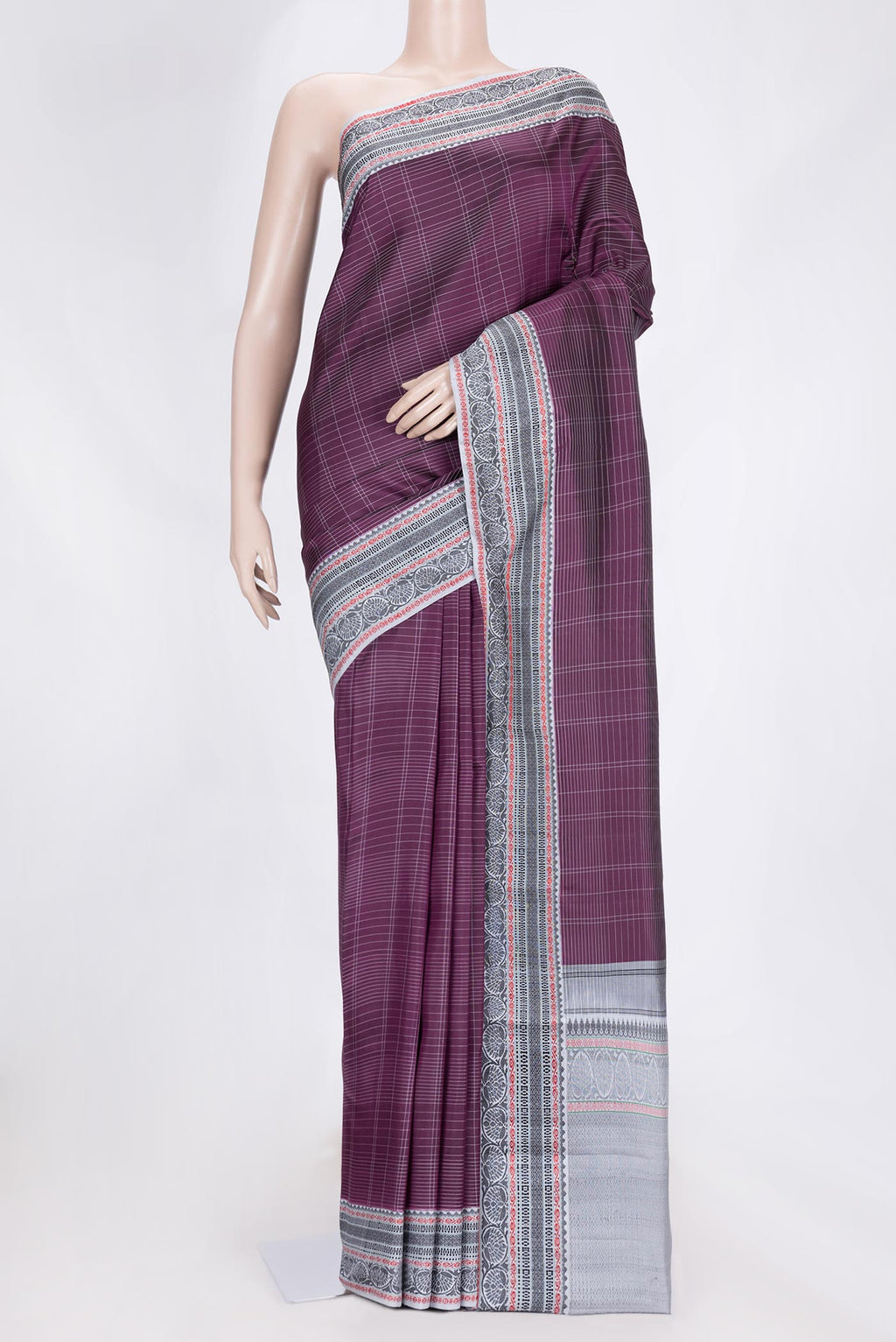 Burgundy Dual Tone Kanjivaram Saree with Checked design on the body and Thread Border.  displayed on a mannequin