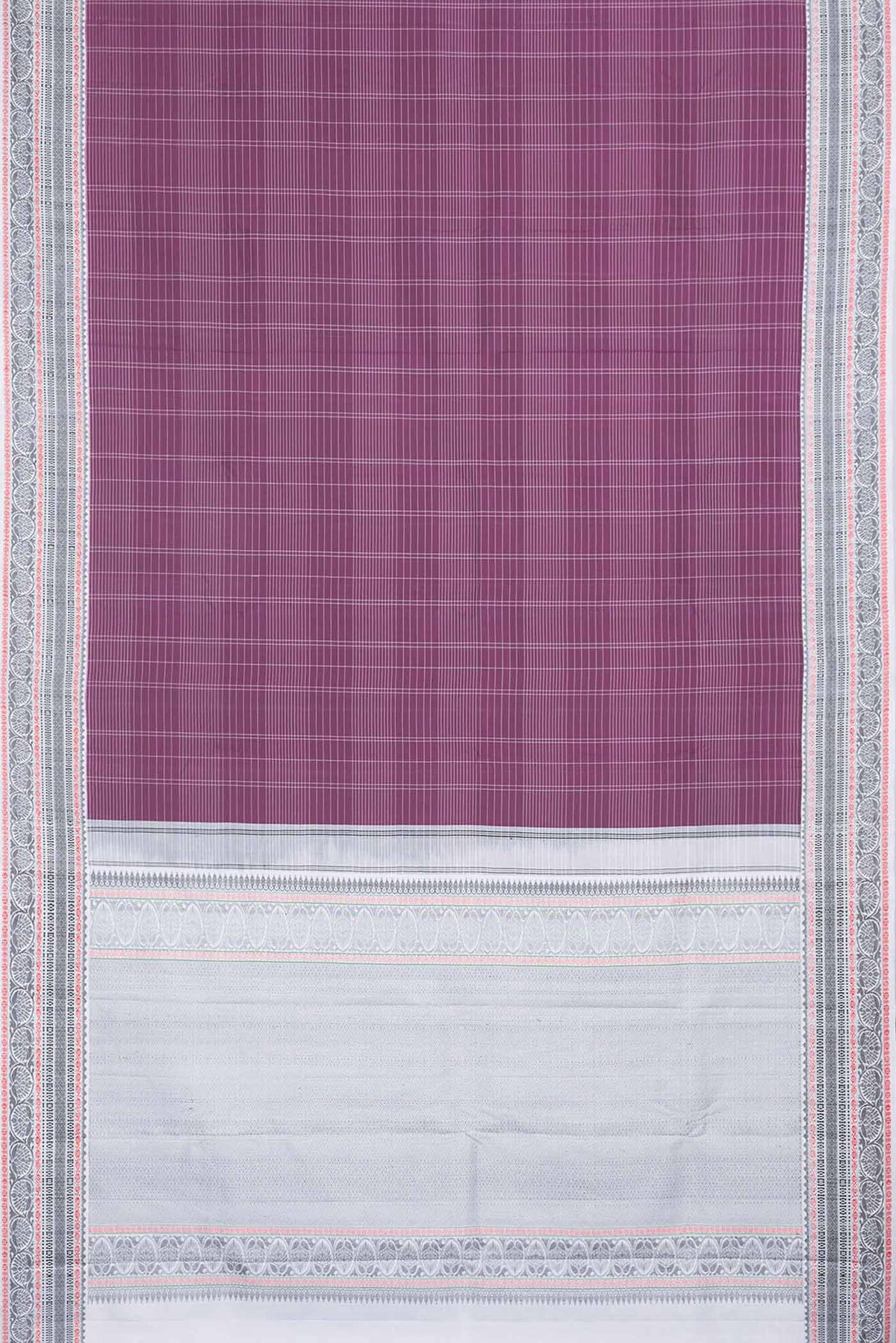Flat view of Burgundy Dual Tone Kanjivaram Saree with Checked design on the body and Thread Border. 