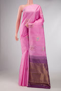 Pure Silk Pure Zari Pink Dual Tone Kanchipuram Saree with Zari And Thread Butta on the body and Without Border displayed on a mannequin