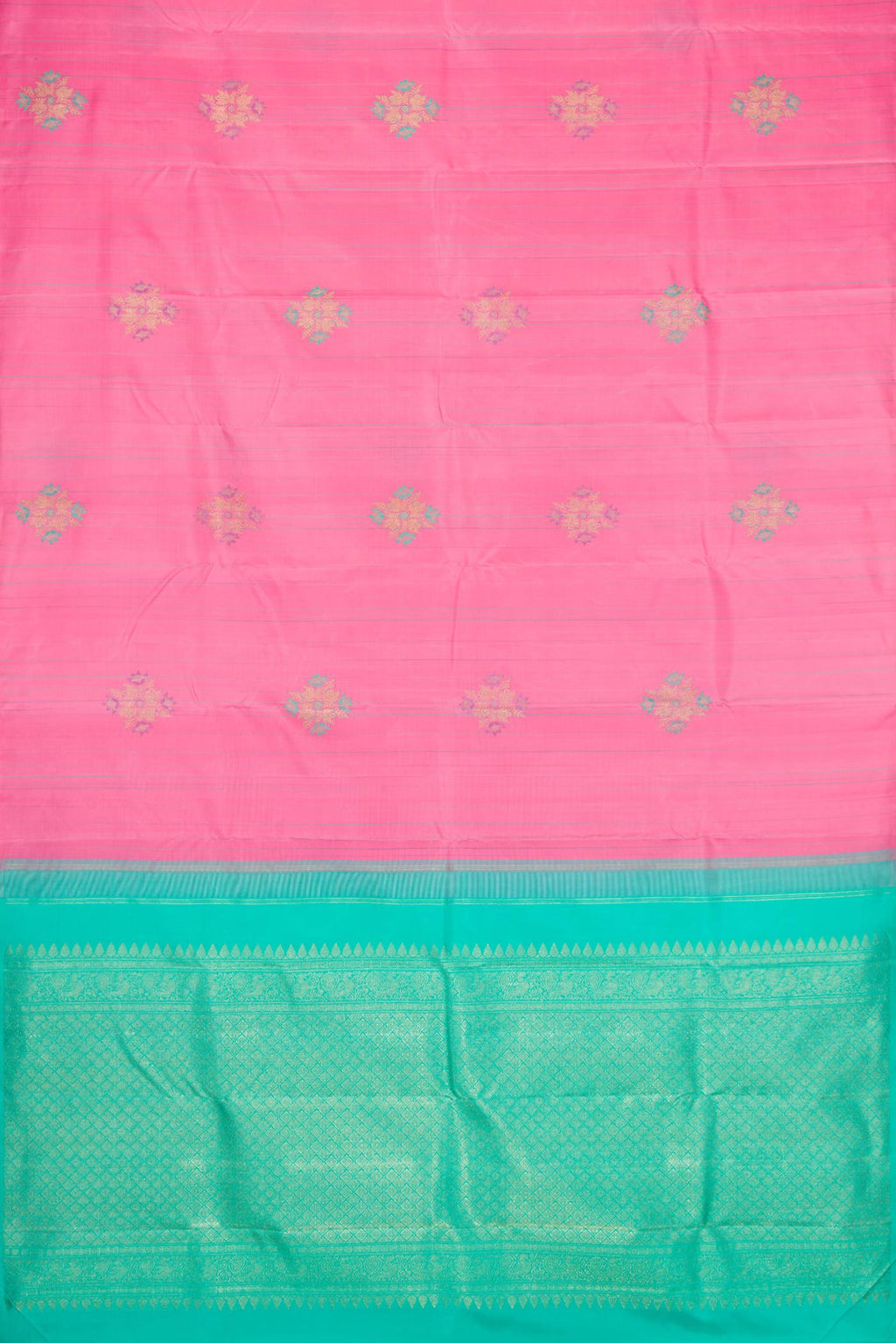 Flat view of Pure Silk Pure Zari Pink Dual Tone Kanchipuram Saree with Zari And Thread Butta on the body and Without Border