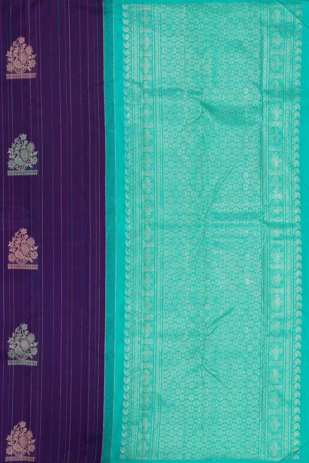Close up image of the pallu of Pure Silk Pure Zari Navy Blue Dual Tone Kanchipuram Saree with Stripes on the body and Without Border