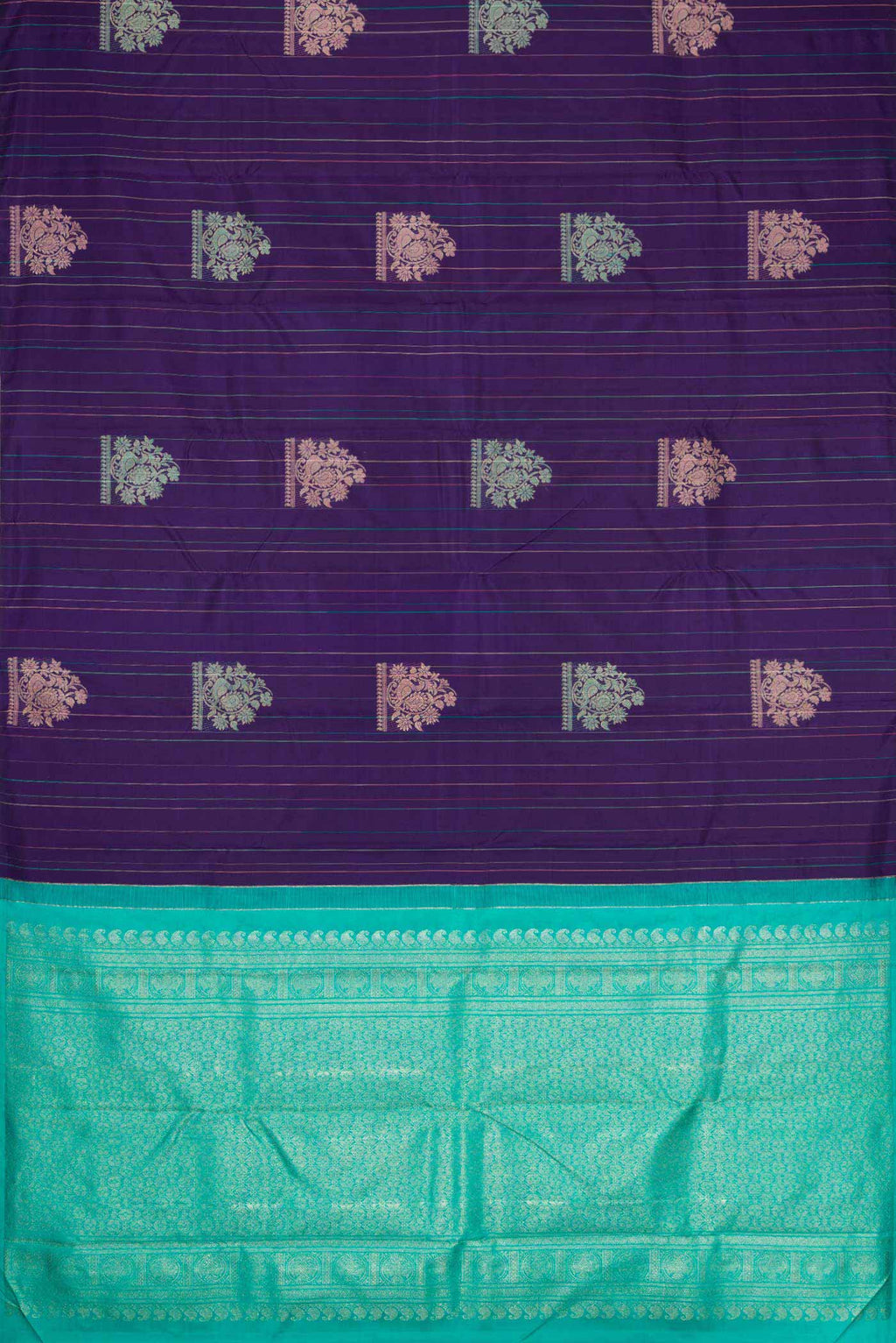 Flat view of Pure Silk Pure Zari Navy Blue Dual Tone Kanchipuram Saree with Stripes on the body and Without Border