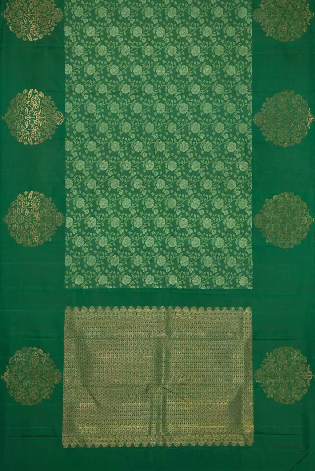 Flat view of Pure Silk Pure Zari Green Dual Tone Kanchipuram Saree with Jacquard design on the body and Fancy Border