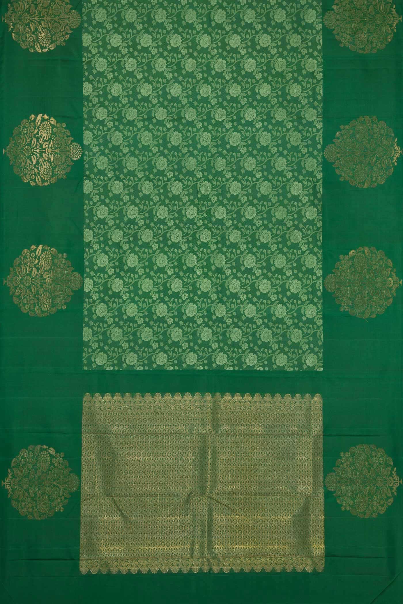 Flat view of Pure Silk Pure Zari Green Dual Tone Kanchipuram Saree with Jacquard design on the body and Fancy Border