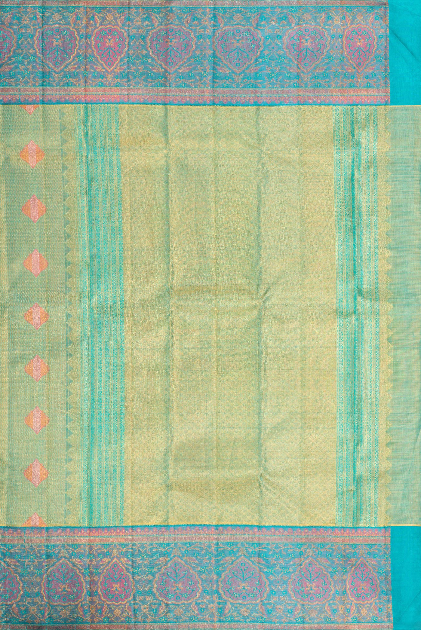 Close up image of the pallu of Green Dual Tone Kanjivaram Tissue Silk Saree with Zari Brocade on the body and Fancy Border. 