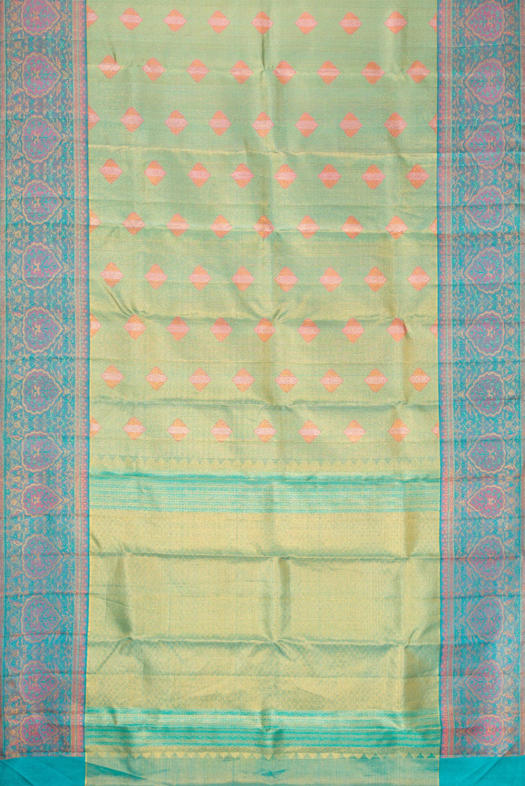 Flat view of Green Dual Tone Kanjivaram Tissue Silk Saree with Zari Brocade on the body and Fancy Border. 