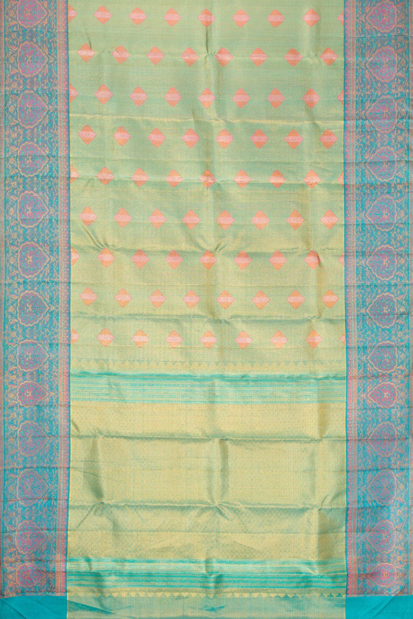 Flat view of Green Dual Tone Kanjivaram Tissue Silk Saree with Zari Brocade on the body and Fancy Border. 