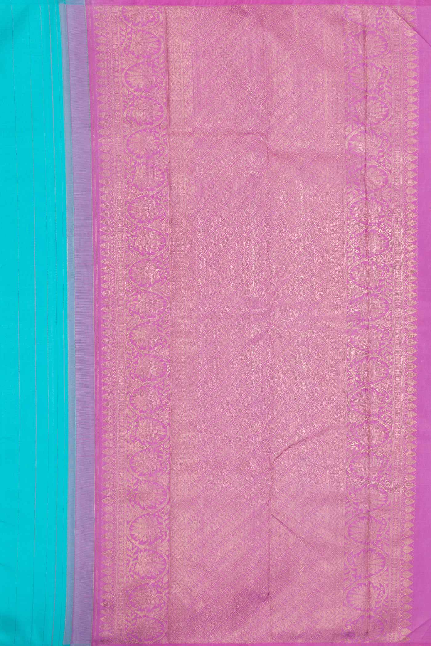 Close up image of the pallu of Sky Blue Dual Tone Kanchipuram Silk Saree with Zari Butta on the body and Without Border