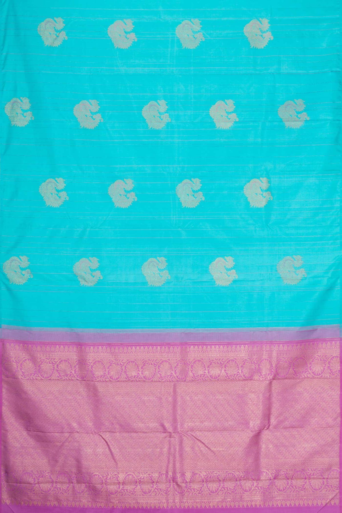 Flat view of Sky Blue Dual Tone Kanchipuram Silk Saree with Zari Butta on the body and Without Border