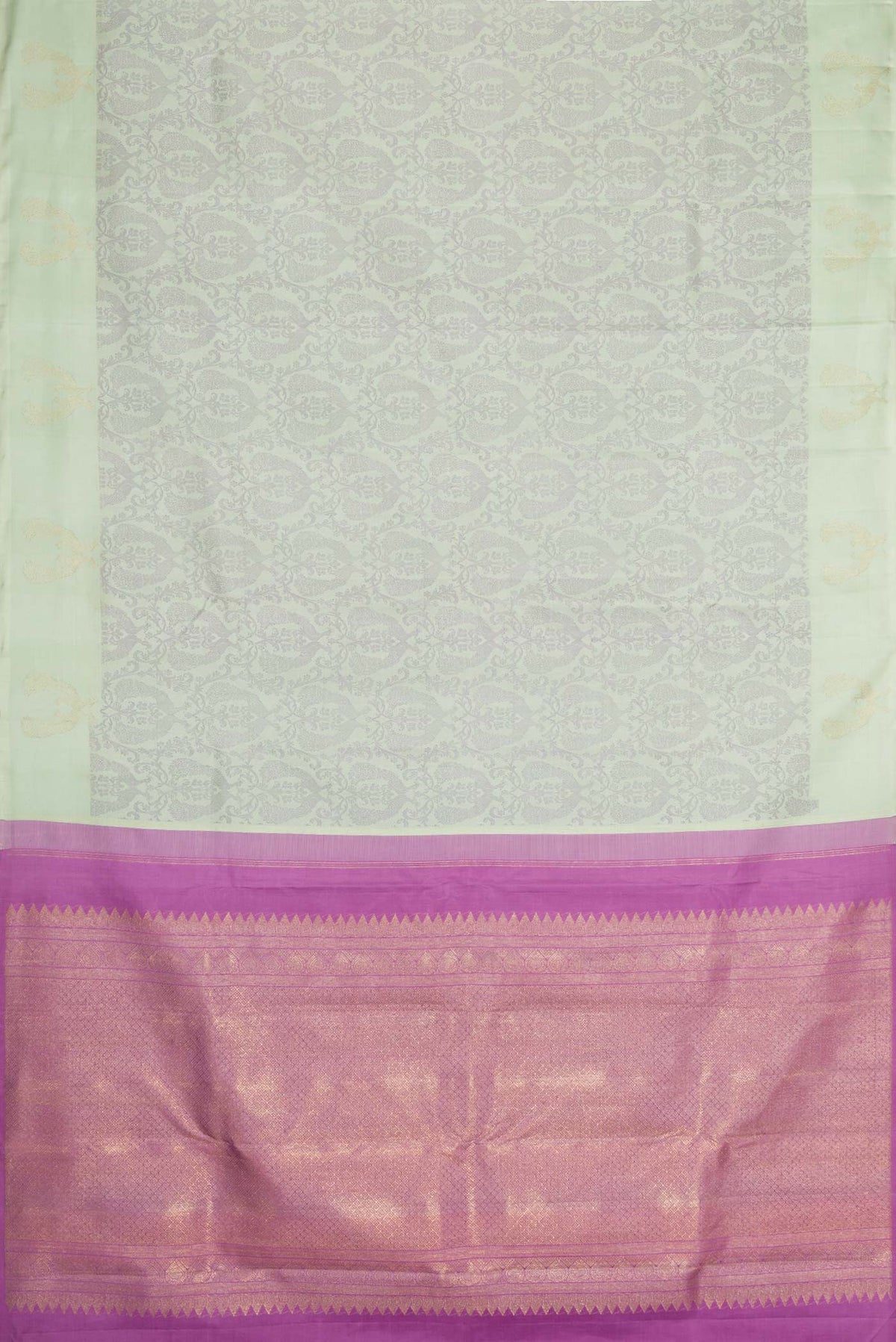 Flat view of Pista Green Dual Tone Kanchipuram Silk Saree with Jacquard design on the body and Fancy Border