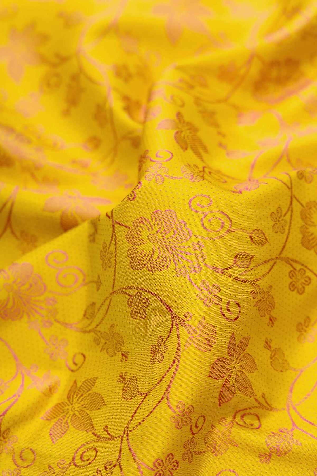Close up of Pure Silk Pure Zari Mustard Dual Tone Kanchipuram Saree with Jacquard design on the body and Fancy Border displaying folds