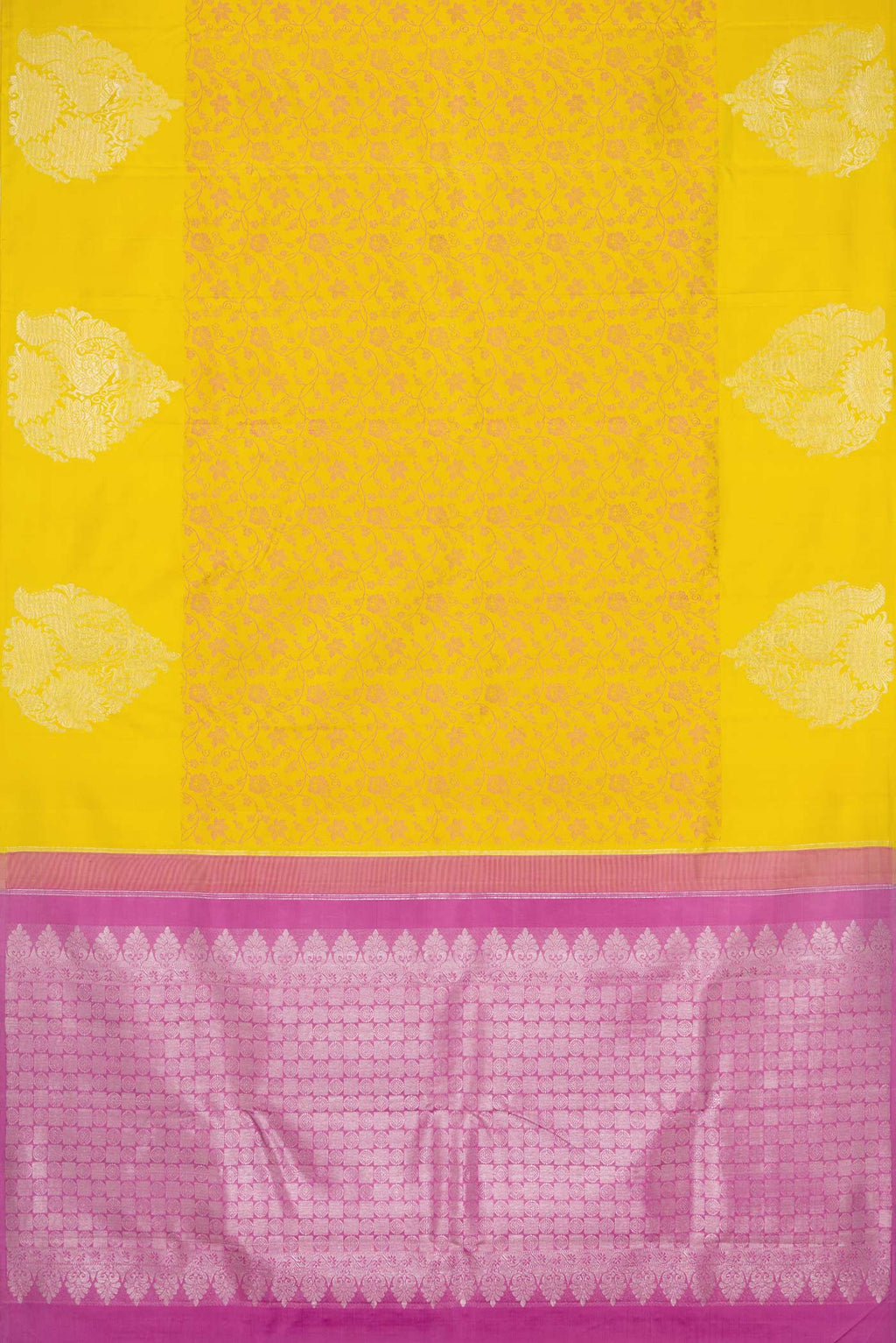 Flat view of Pure Silk Pure Zari Mustard Dual Tone Kanchipuram Saree with Jacquard design on the body and Fancy Border