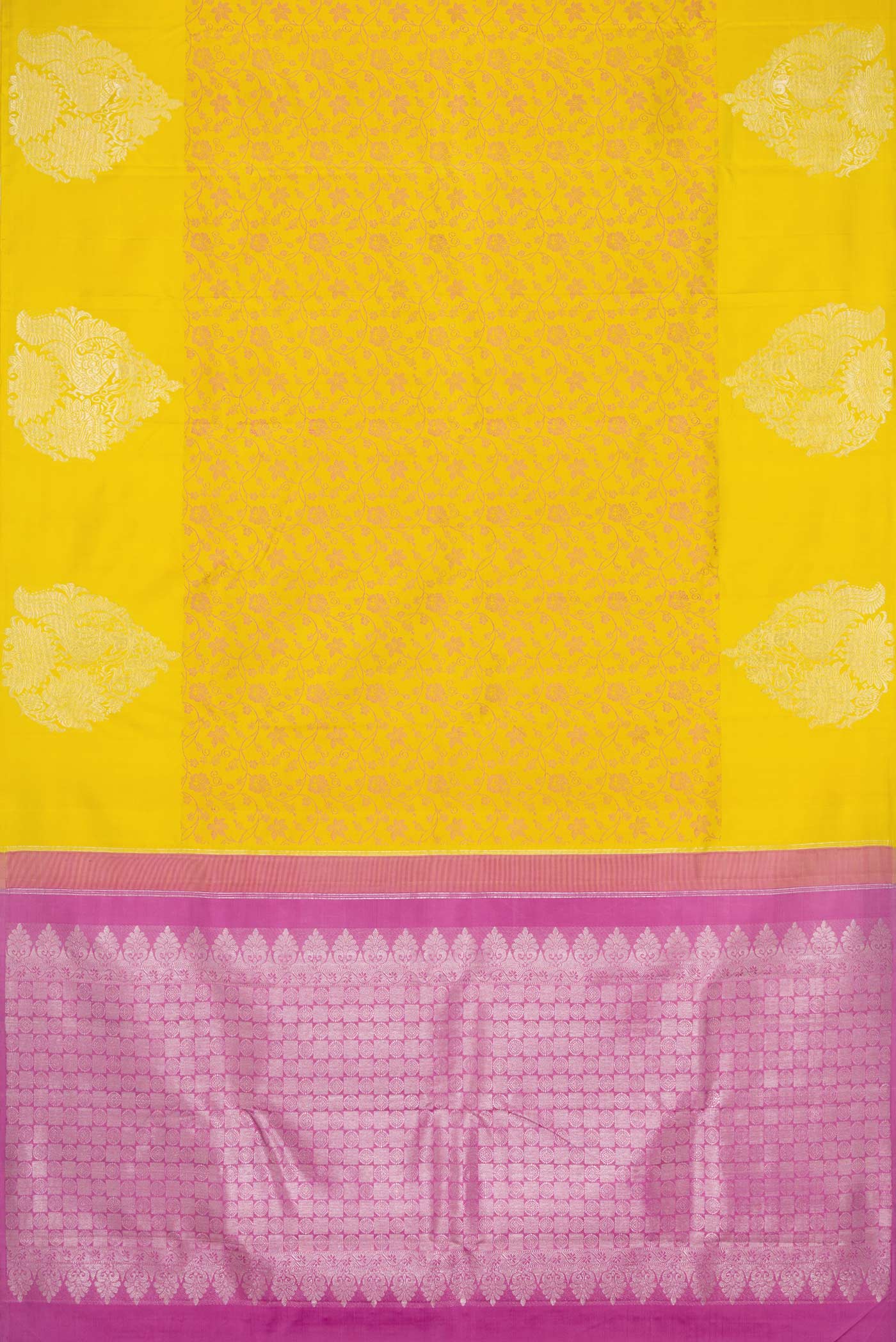 Flat view of Pure Silk Pure Zari Mustard Dual Tone Kanchipuram Saree with Jacquard design on the body and Fancy Border