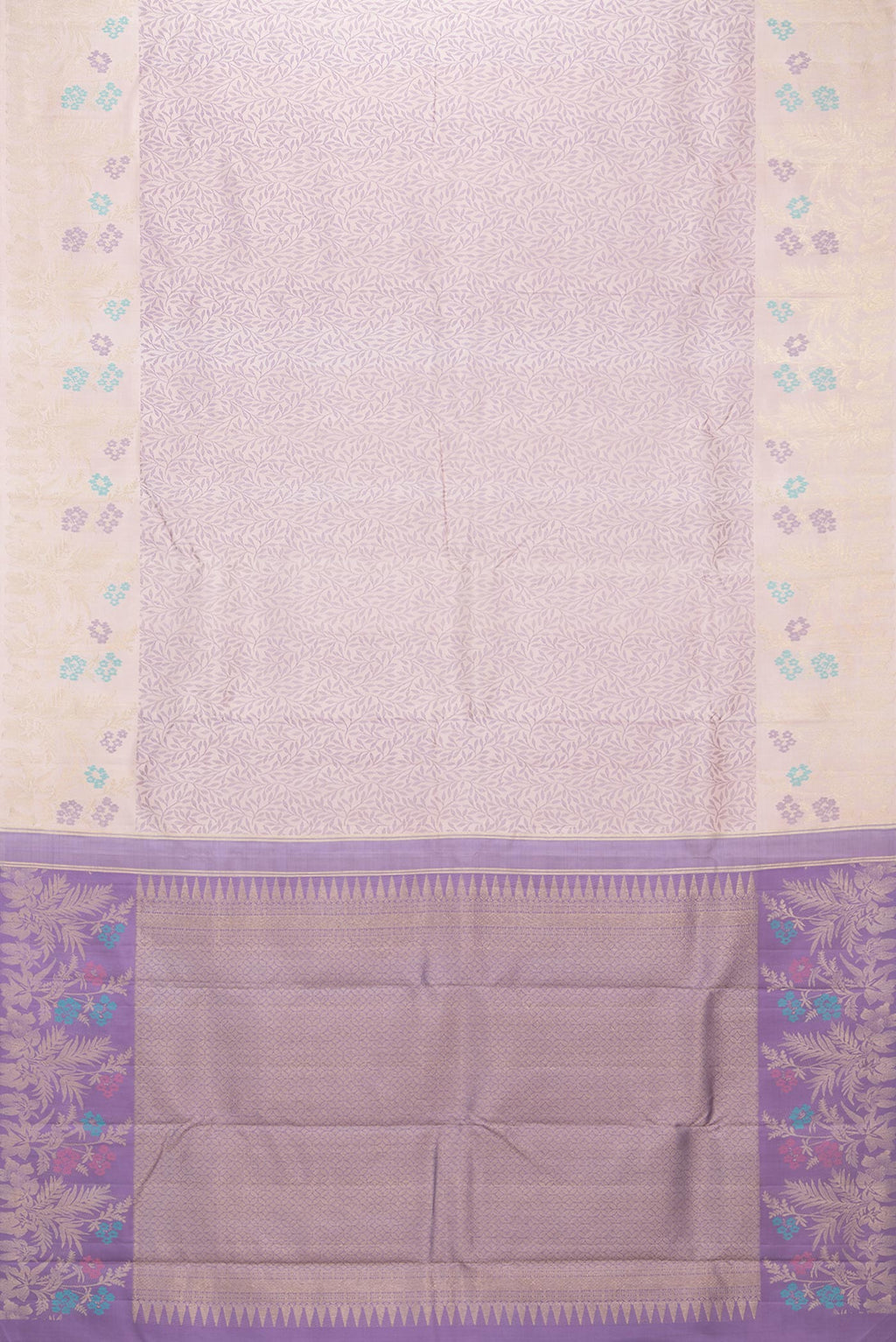 Flat view of Pure Silk Golden Peach Kanchipuram Saree with Jacquard design on the body and Fancy Border. 