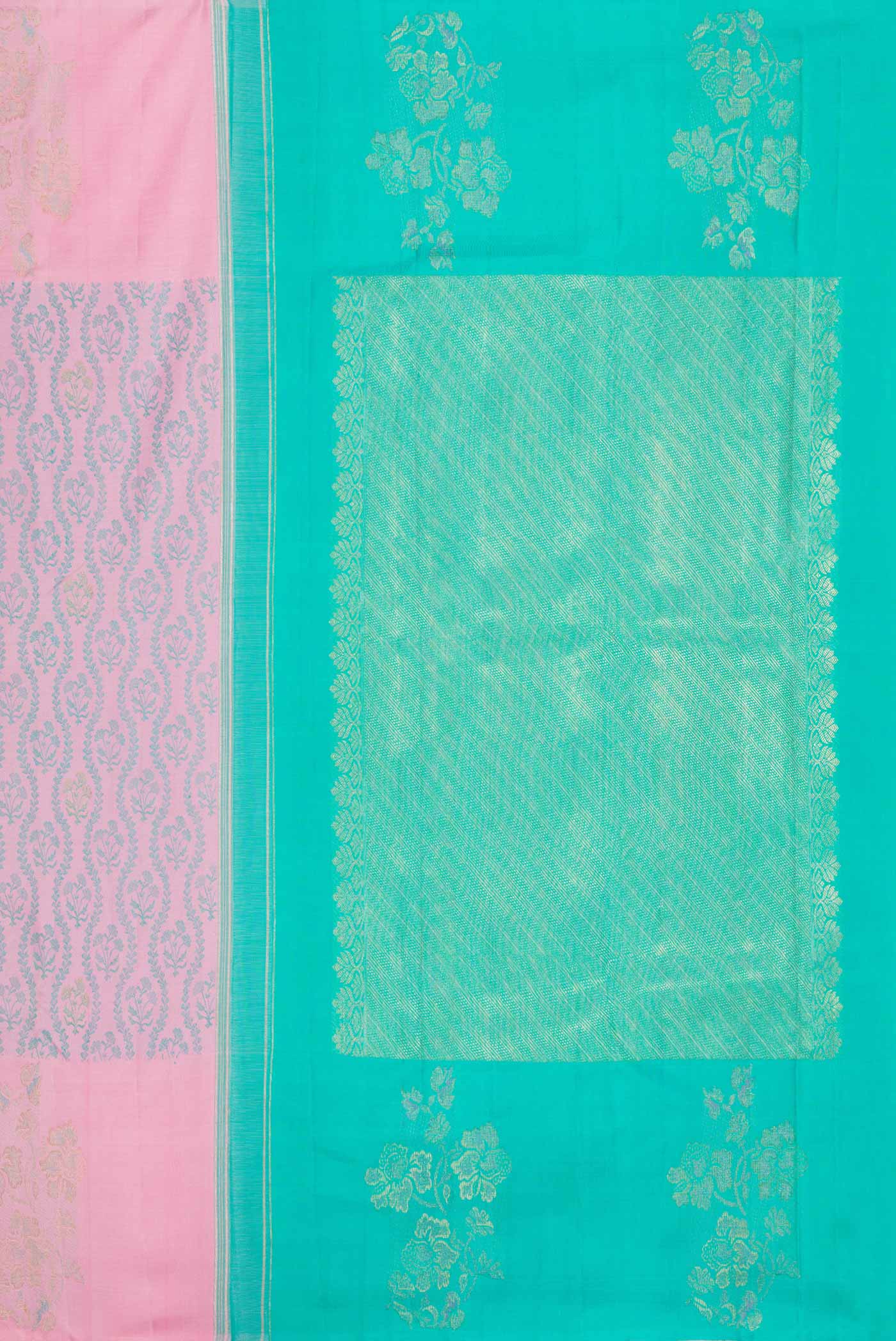 Close up image of the pallu of Pure Silk Pure Zari Pink Dual Tone Kanchipuram Saree with Jacquard design on the body and Fancy Border