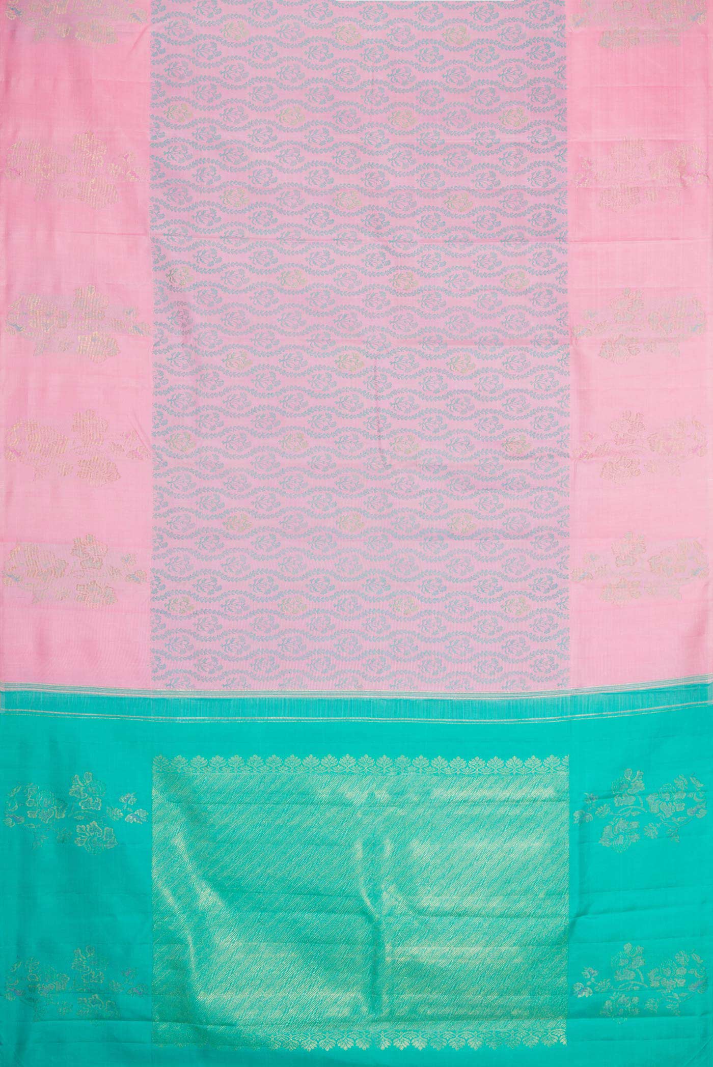Flat view of Pure Silk Pure Zari Pink Dual Tone Kanchipuram Saree with Jacquard design on the body and Fancy Border