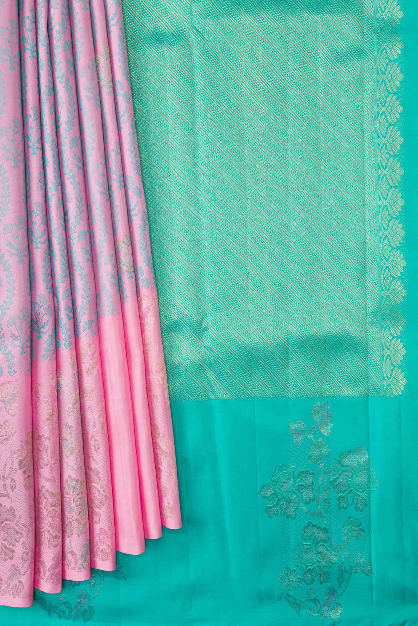 Pleats and pallu of Pure Silk Pure Zari Pink Dual Tone Kanchipuram Saree with Jacquard design on the body and Fancy Border