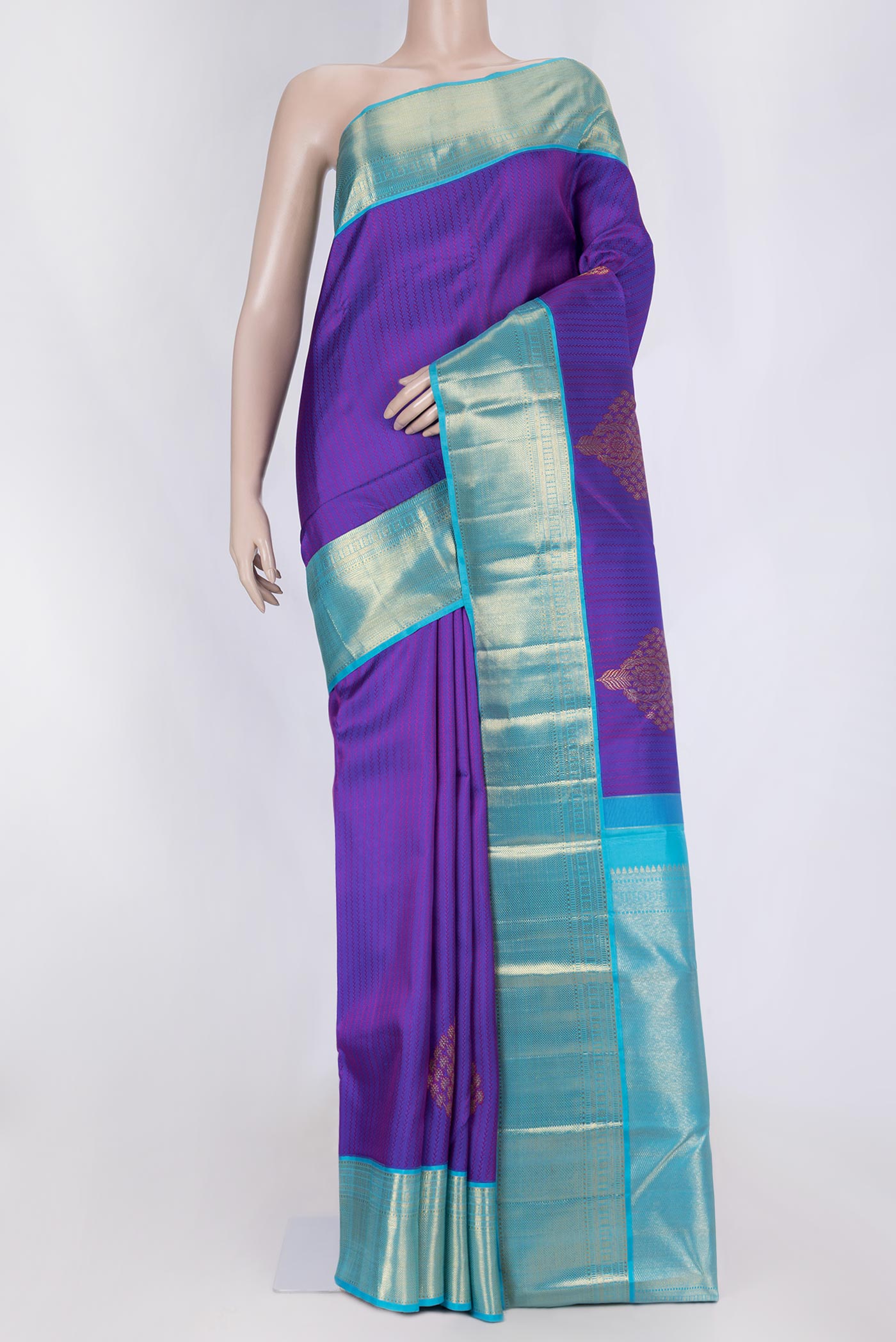 Royal Blue Dual Tone Kanchipuram Saree with Jacquard With Zari Butta on the body and Zari Border displayed on a mannequin