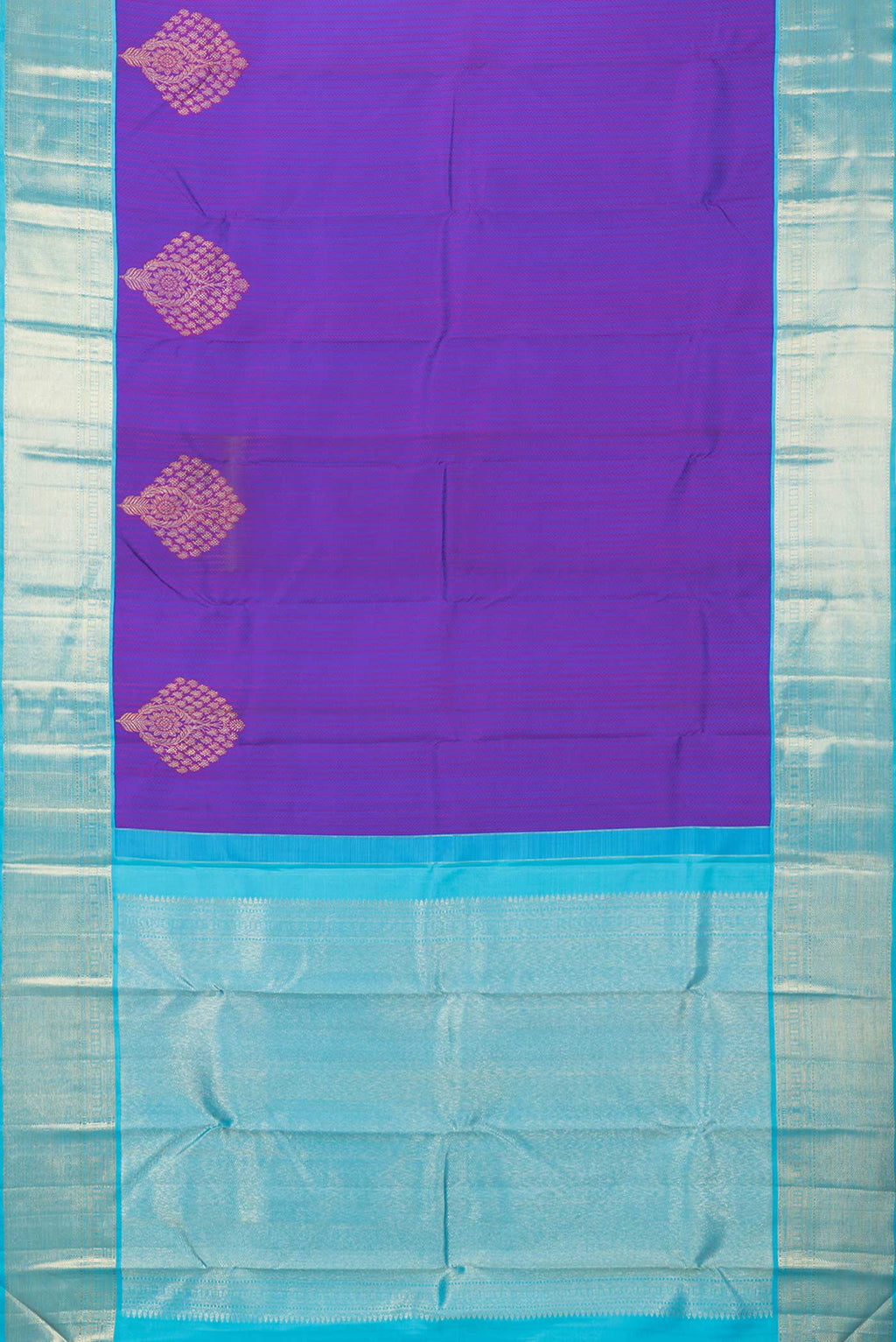 Flat view of Royal Blue Dual Tone Kanchipuram Saree with Jacquard With Zari Butta on the body and Zari Border