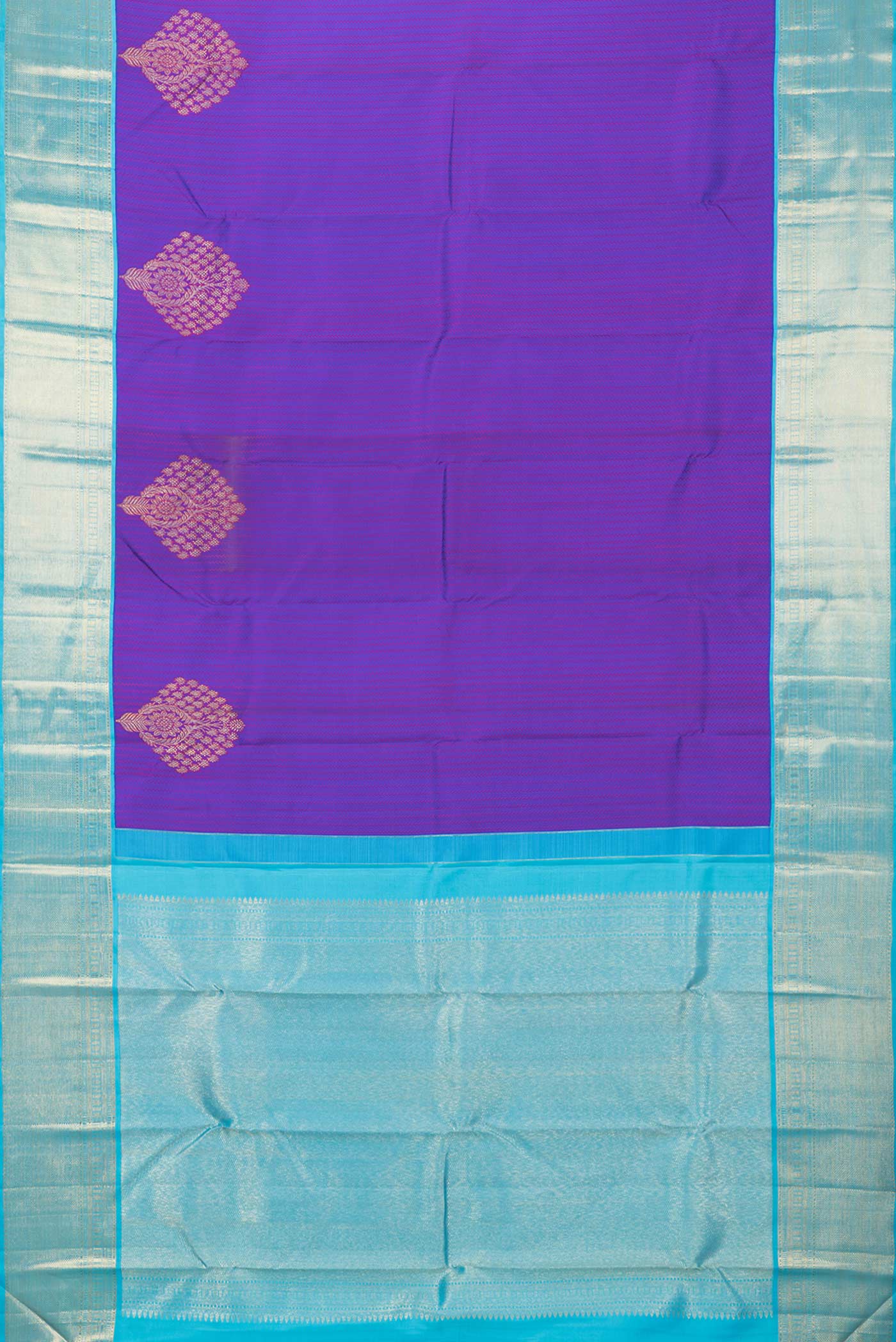 Flat view of Royal Blue Dual Tone Kanchipuram Saree with Jacquard With Zari Butta on the body and Zari Border