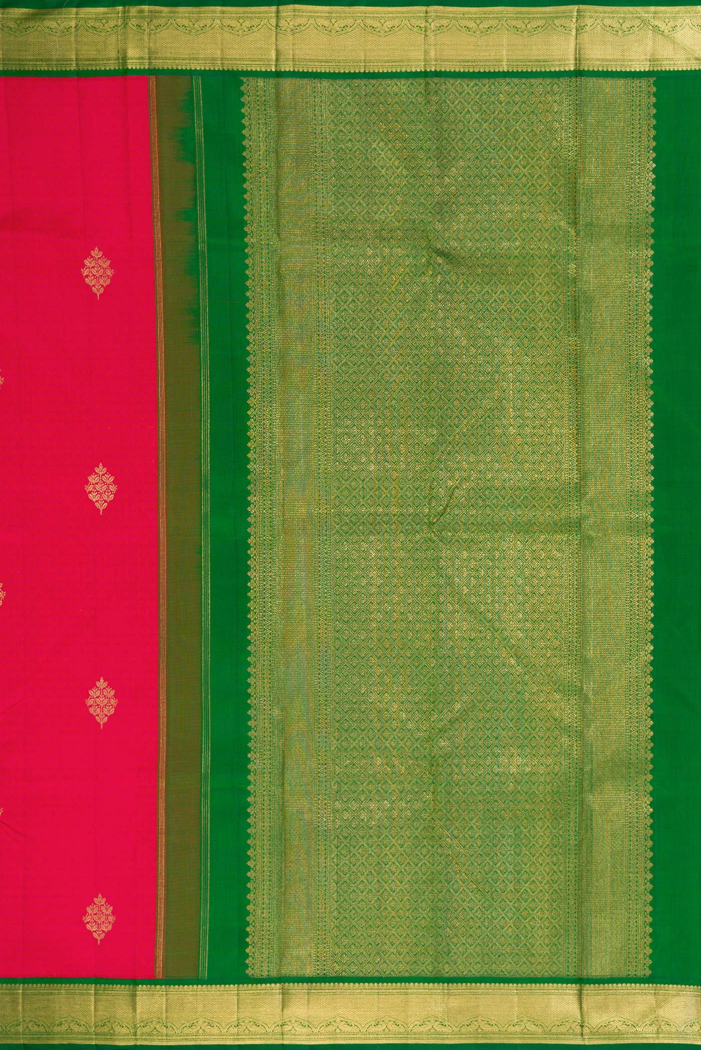Close up image of the pallu of Pure Silk Pure Zari Pink Dual Tone Kanchipuram Saree with Jacquard With Zari Butta on the body and Zari Border. 