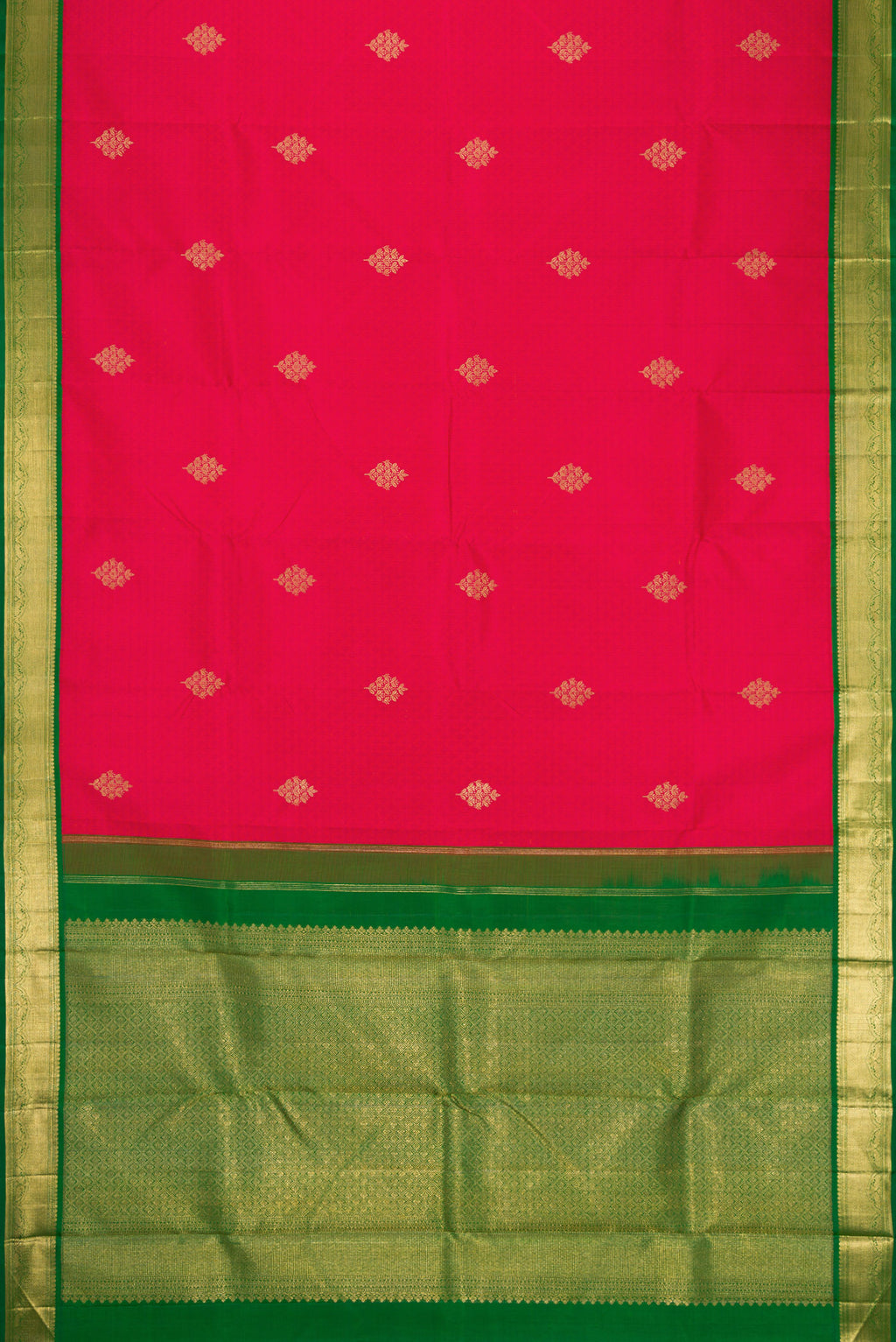 Flat view of Pure Silk Pure Zari Pink Dual Tone Kanchipuram Saree with Jacquard With Zari Butta on the body and Zari Border. 