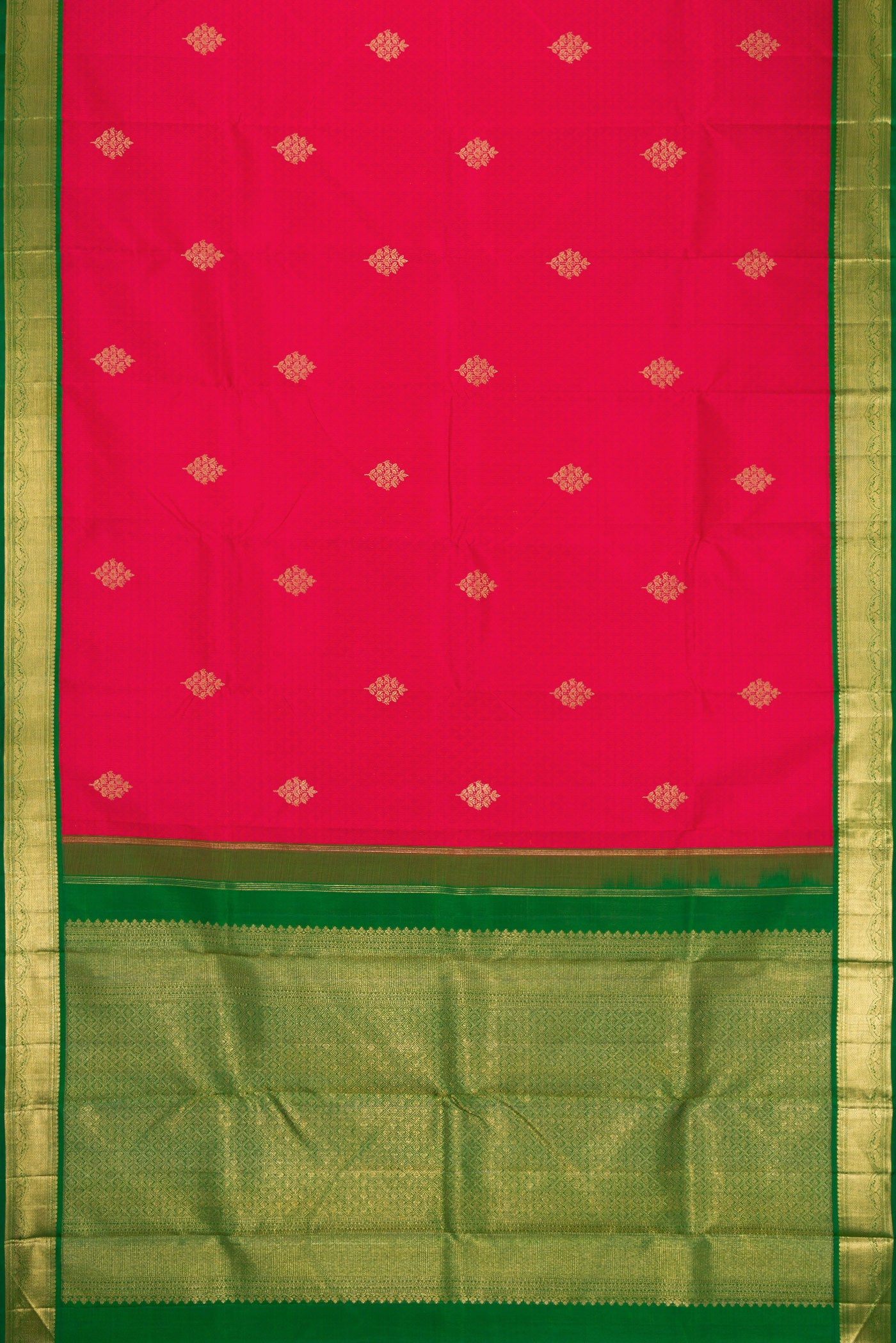 Flat view of Pure Silk Pure Zari Pink Dual Tone Kanchipuram Saree with Jacquard With Zari Butta on the body and Zari Border. 