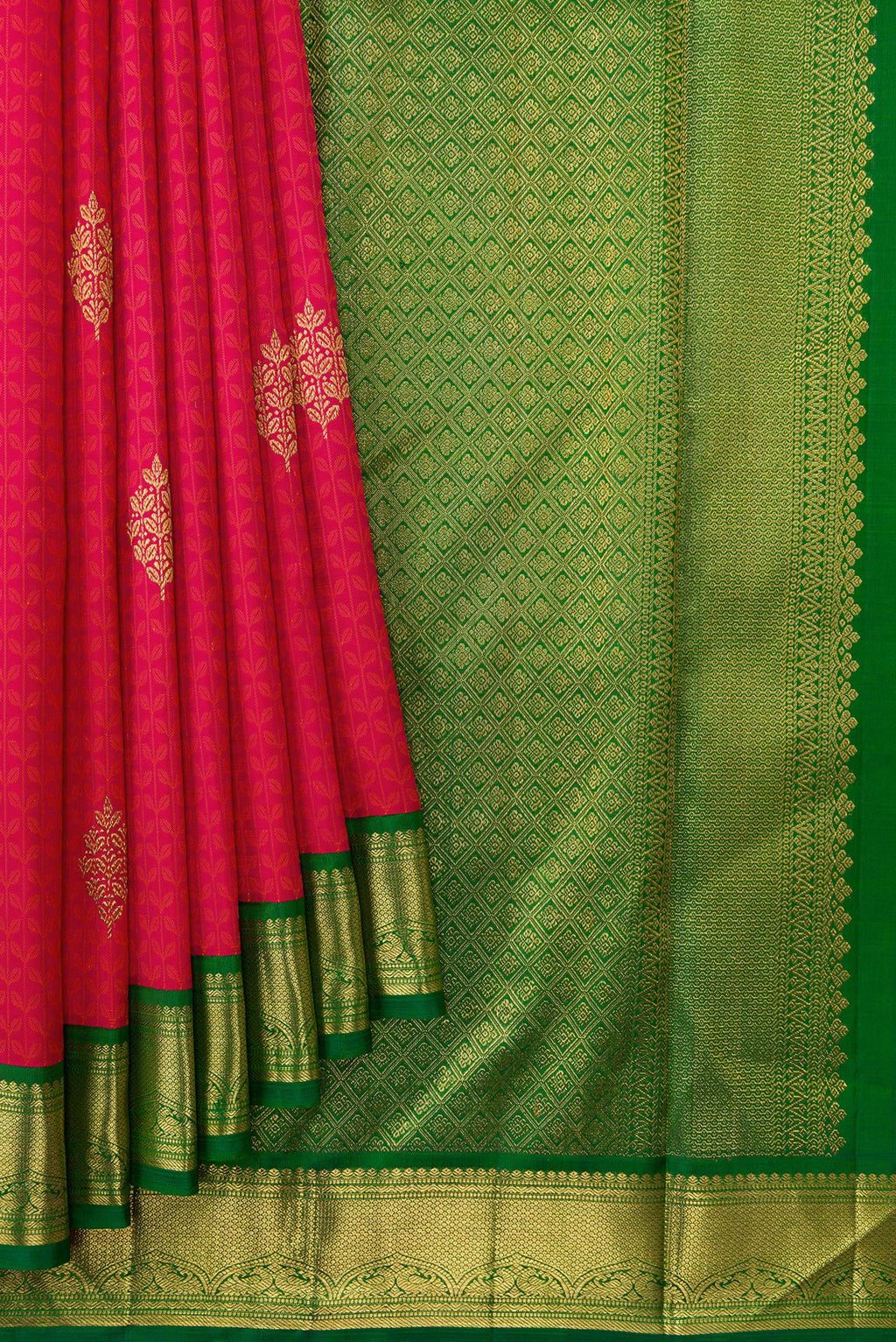 Pleats and pallu of Pure Silk Pure Zari Pink Dual Tone Kanchipuram Saree with Jacquard With Zari Butta on the body and Zari Border. 