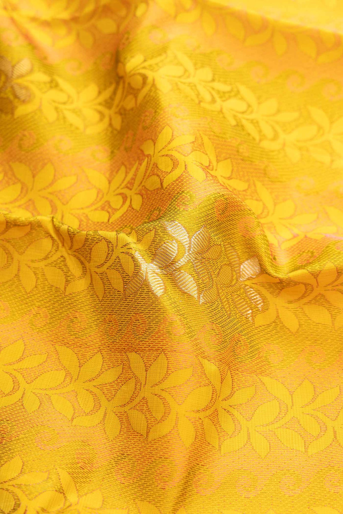 Close up of Yellow Dual Tone Kanchipuram Silk Saree with Jacquard design on the body and Fancy Border displaying folds