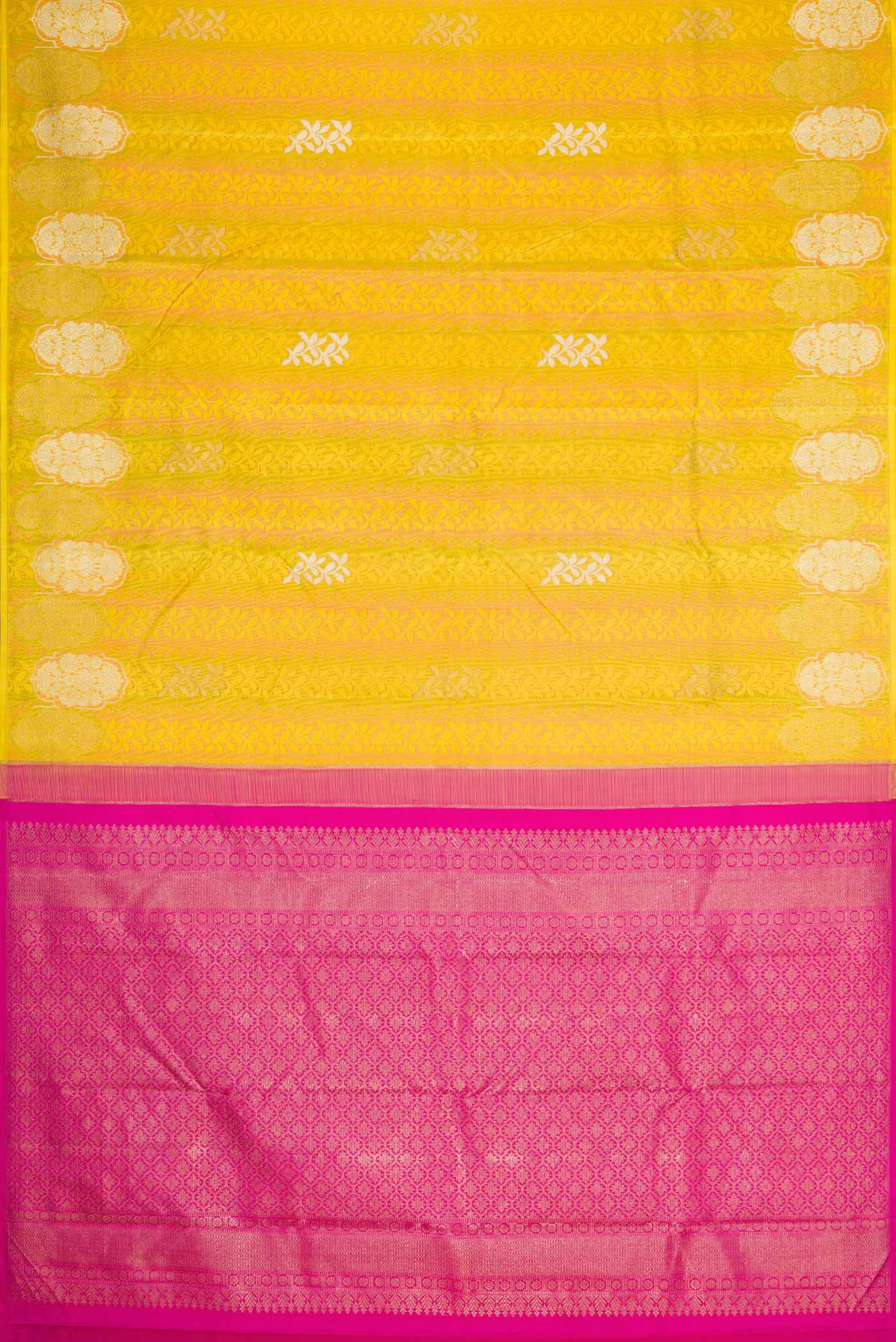 Flat view of Yellow Dual Tone Kanchipuram Silk Saree with Jacquard design on the body and Fancy Border