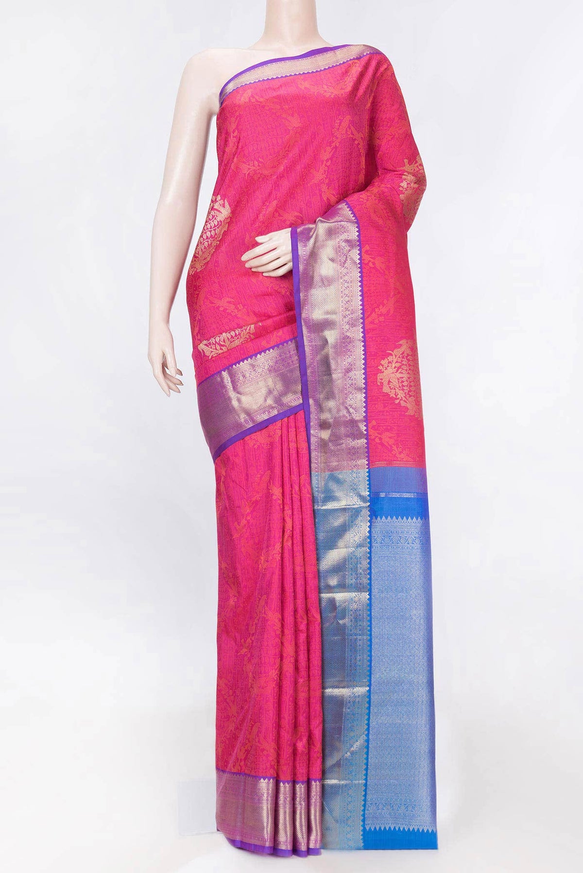 Pink Dual Tone Kanchipuram Saree with Jacquard With Thread Butta on the body and Zari Border displayed on a mannequin