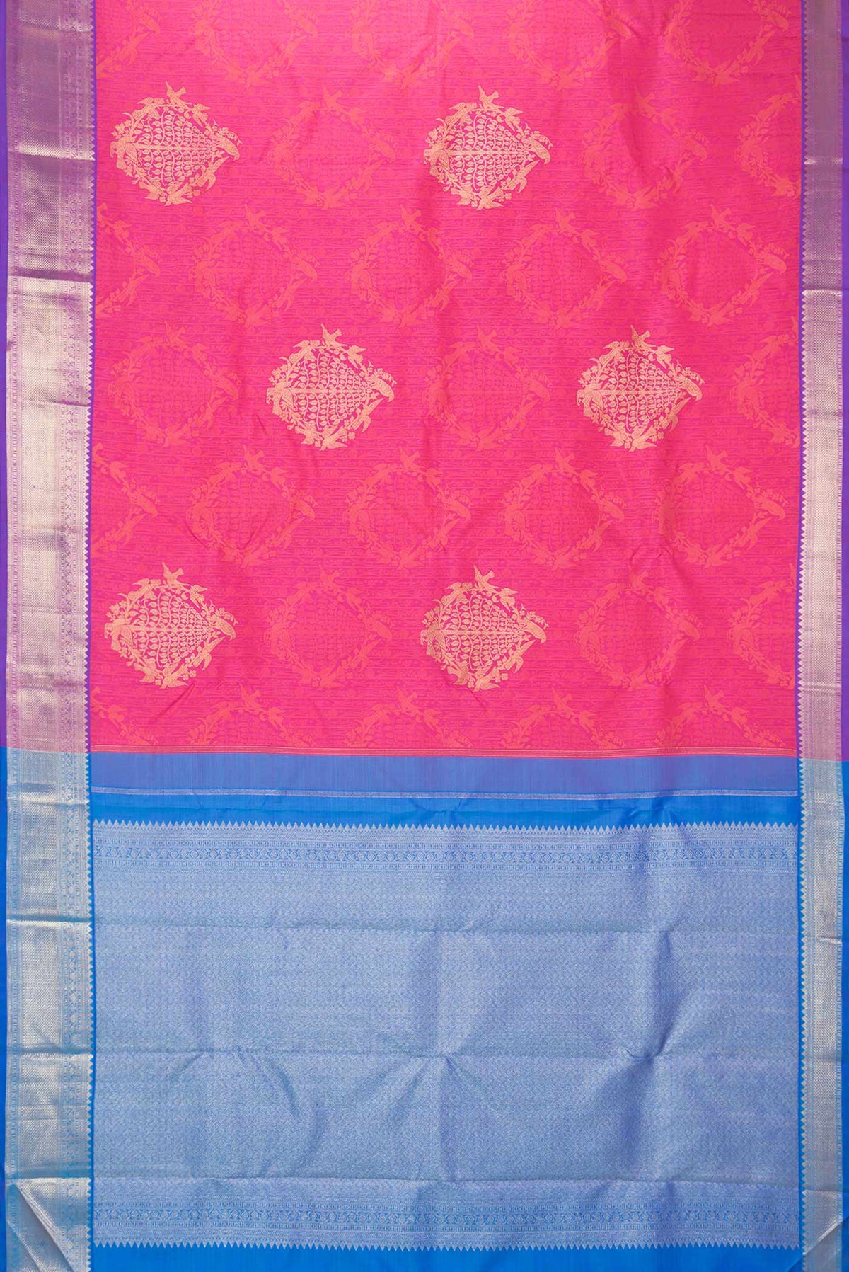 Flat view of Pink Dual Tone Kanchipuram Saree with Jacquard With Thread Butta on the body and Zari Border
