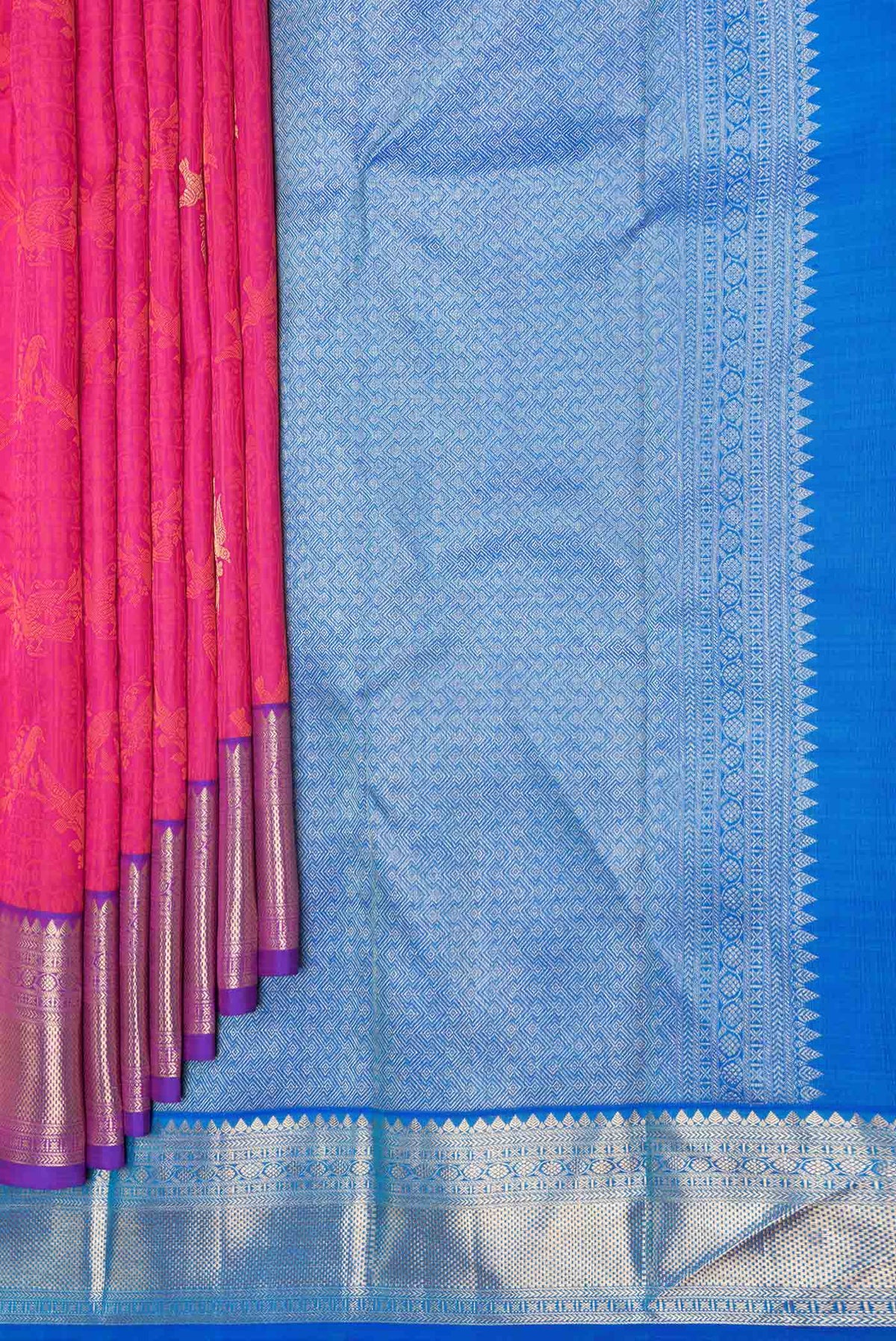 Pleats and pallu of Pink Dual Tone Kanchipuram Saree with Jacquard With Thread Butta on the body and Zari Border