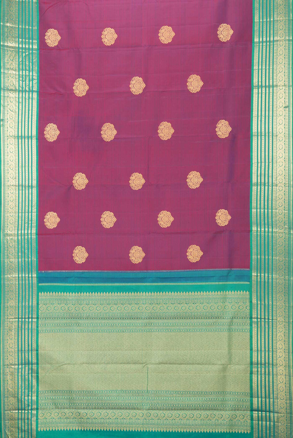 Flat view of Purple Dual Tone Kanchipuram Silk Saree with Zari Butta on the body and Zari Border
